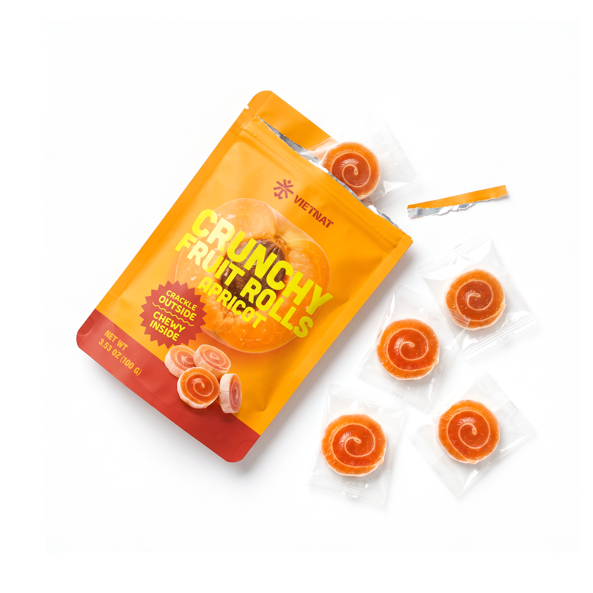 A torn-open bag of VietNat apricot rolls, each bite wrapped on its own
