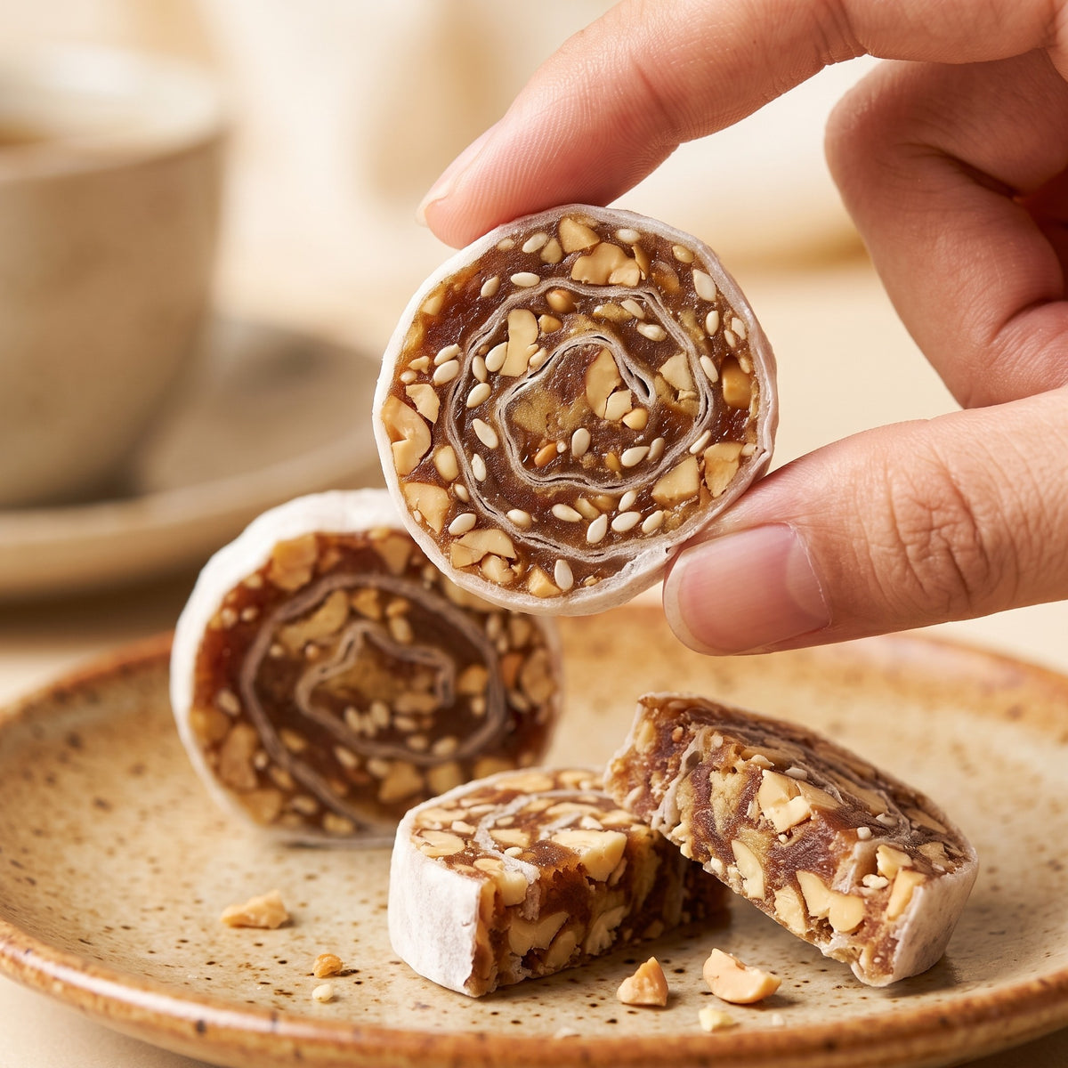 A banana durian fruit roll with peanuts and sesame, held between two fingers
