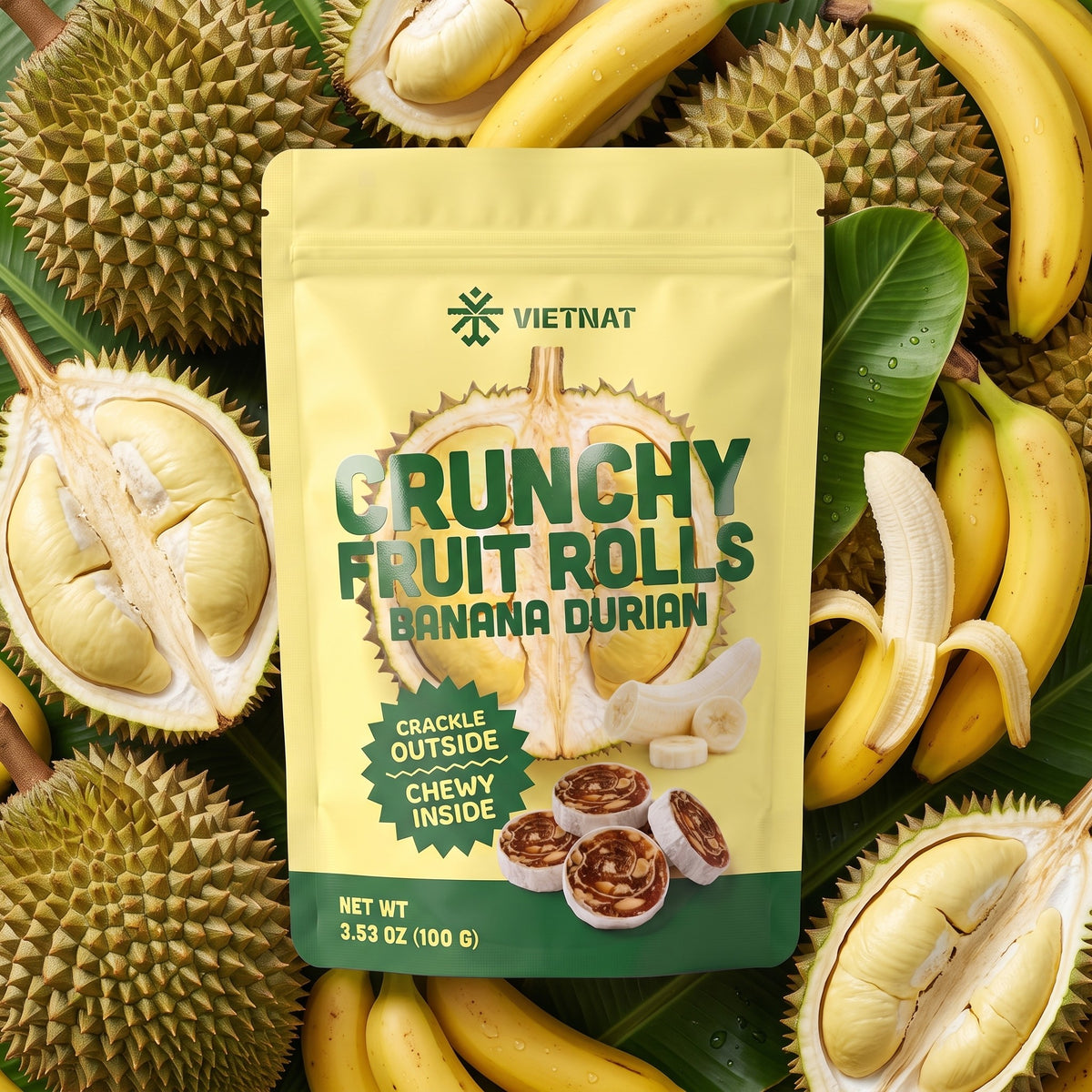 VietNat Crunchy Banana Durian Fruit Rolls bag among ripe durian and bananas