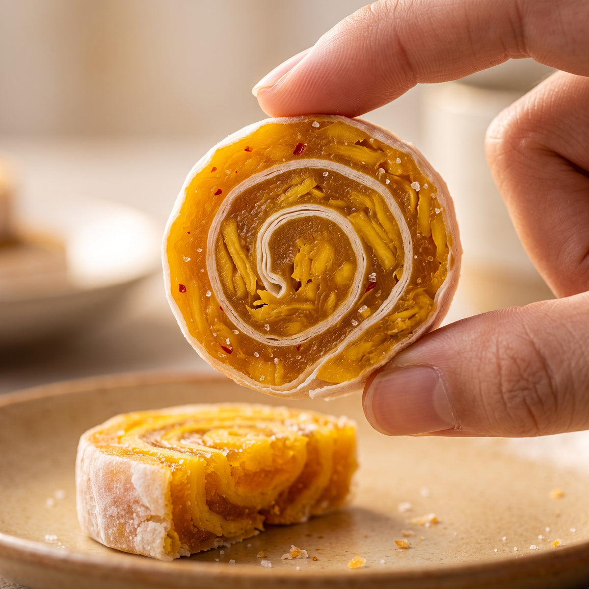 A chili-salt mango fruit roll held between two fingers, a cut piece on a plate