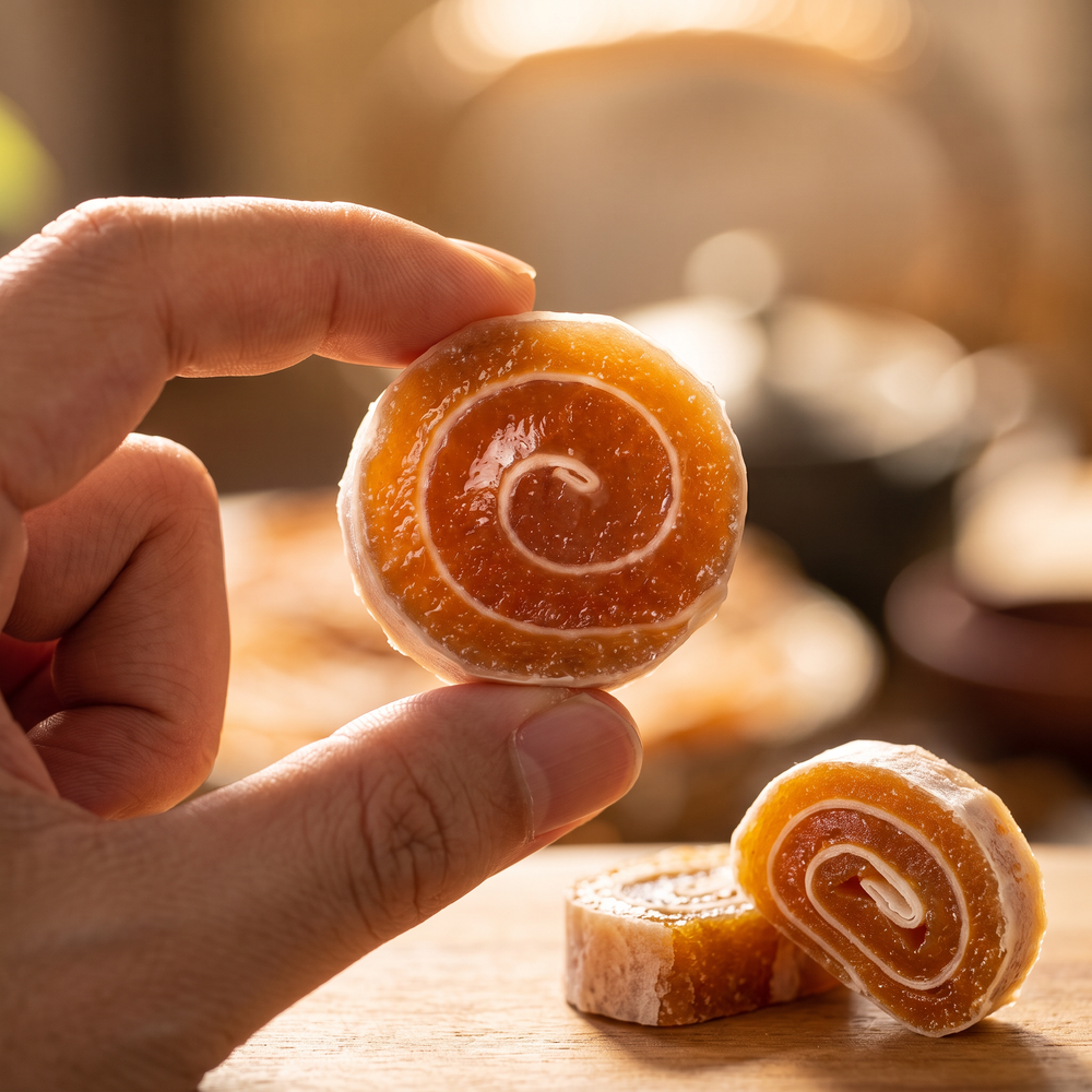 Holding a VietNat mango roll up to the light: crisp rim, chewy mango spiral