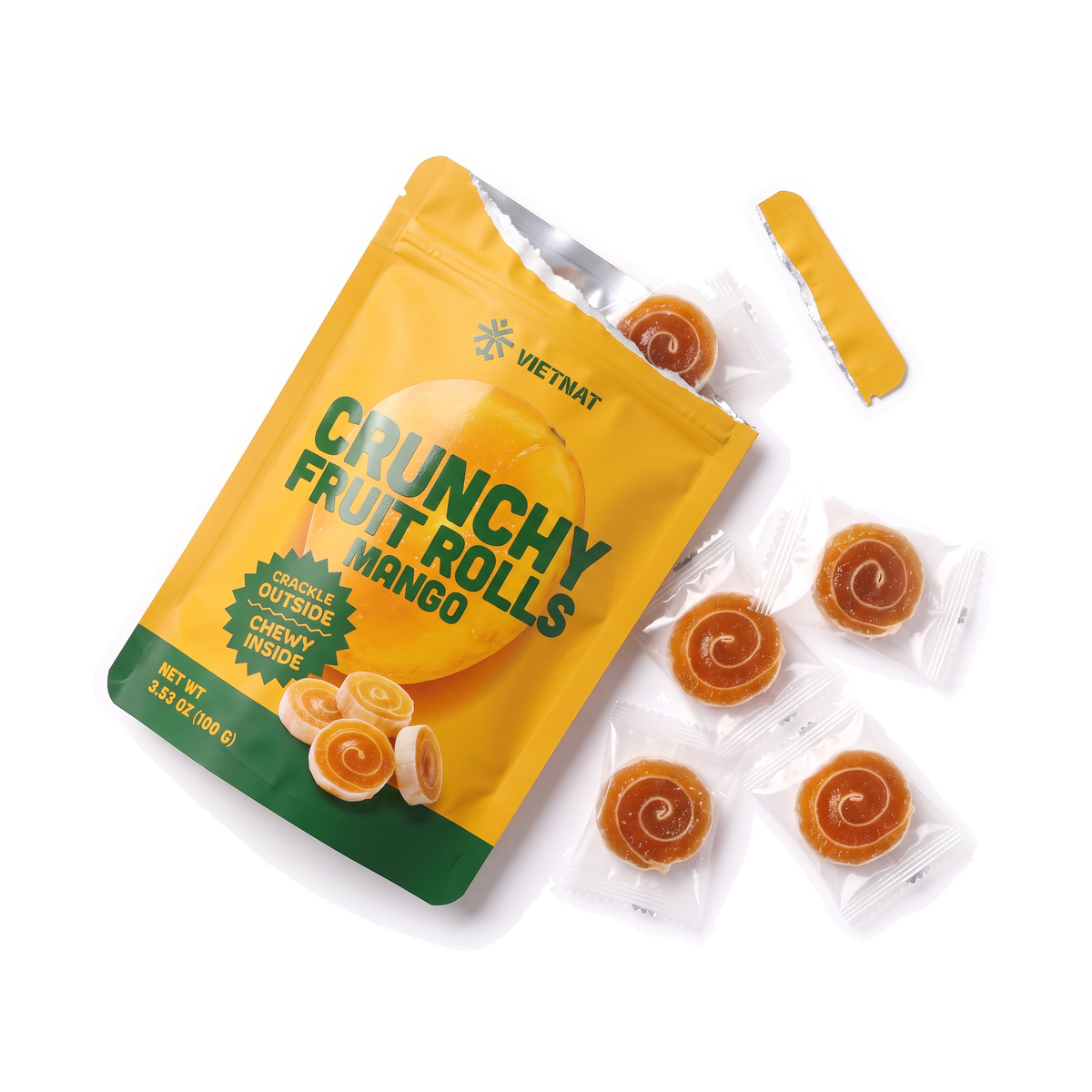 A torn-open bag of VietNat mango rolls, each bite wrapped on its own