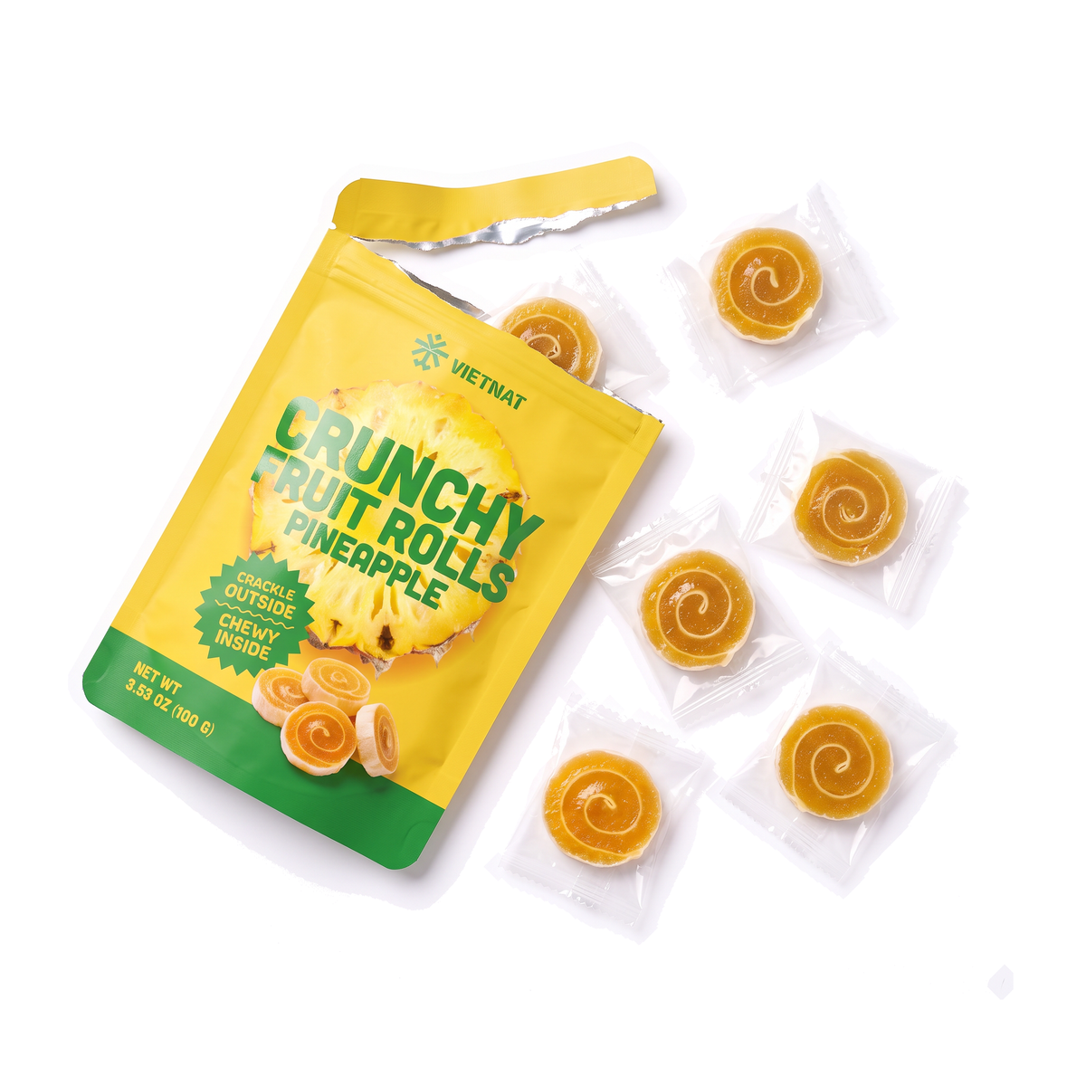 A torn-open bag of VietNat pineapple rolls, each bite wrapped on its own