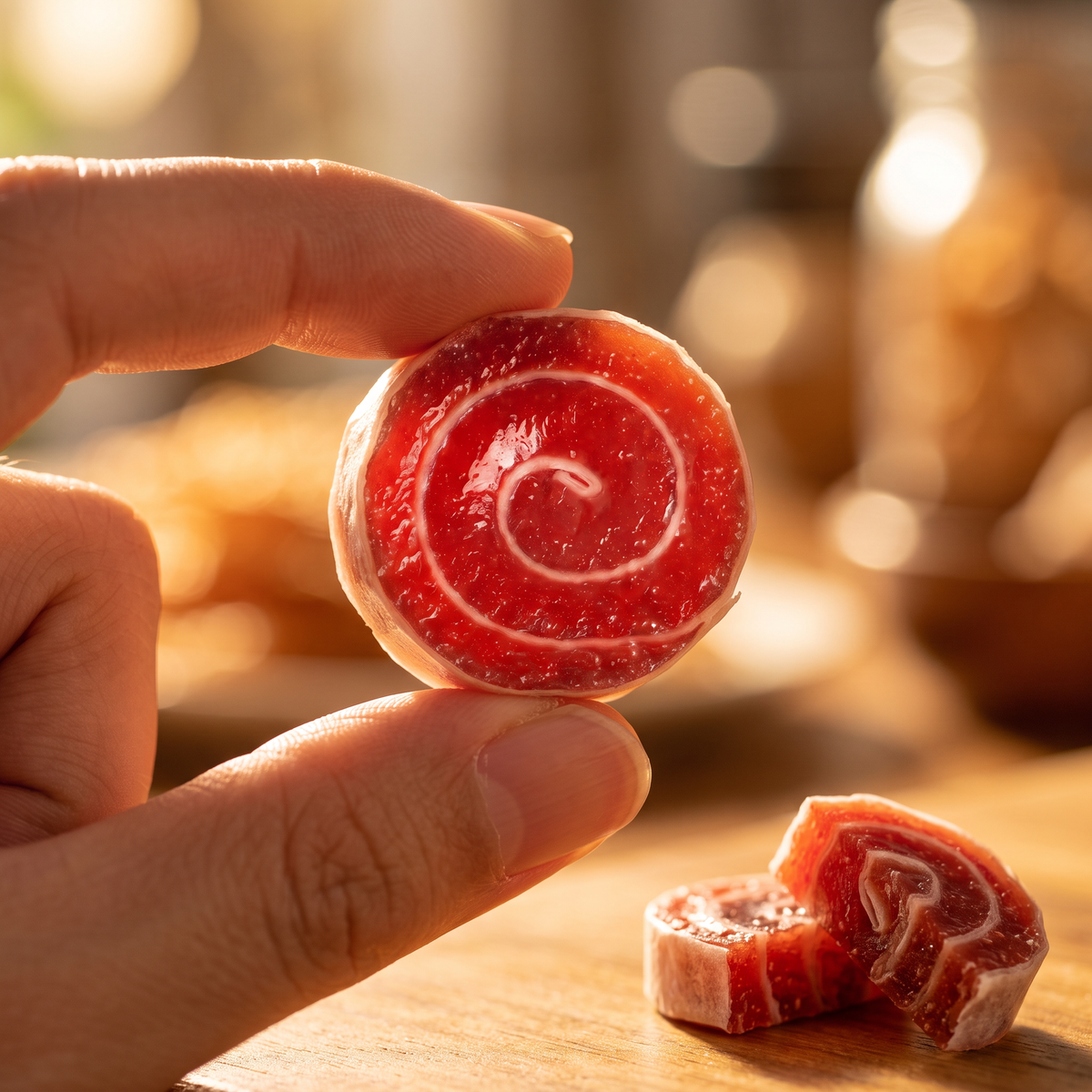 Holding a VietNat strawberry roll up to the light