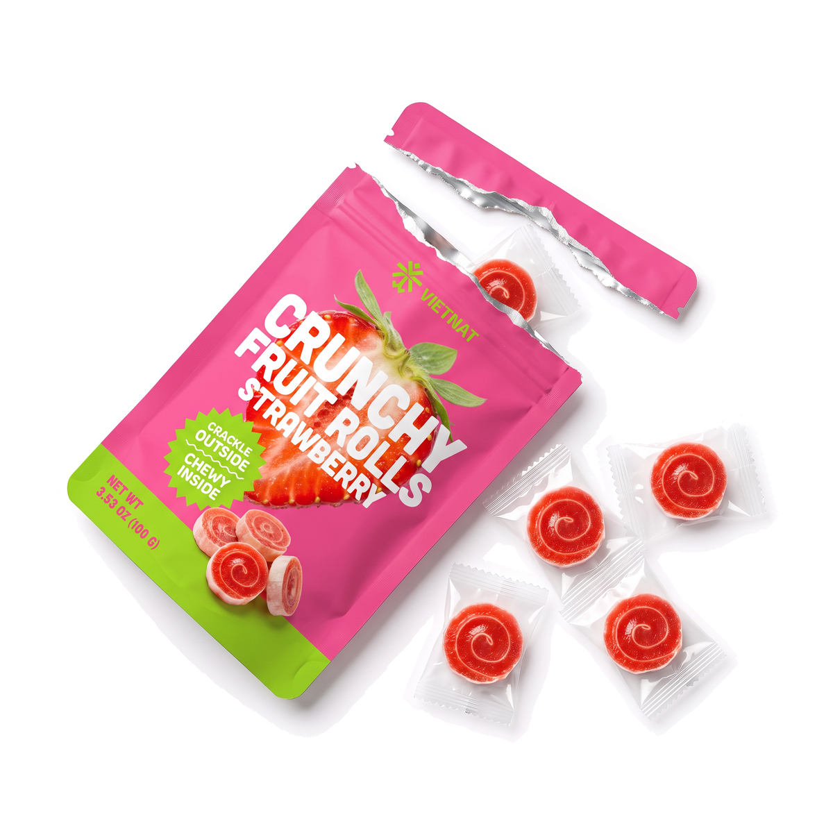 A torn-open bag of VietNat strawberry rolls, each bite wrapped on its own