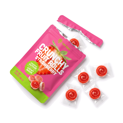 A torn-open bag of VietNat strawberry rolls, each bite wrapped on its own