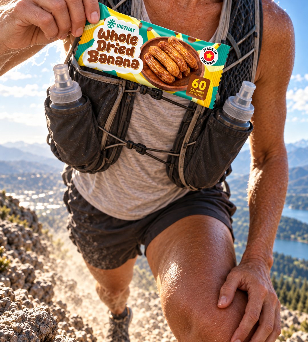Trail runner climbing a rocky slope with a VietNat Whole Dried Banana pack in hand