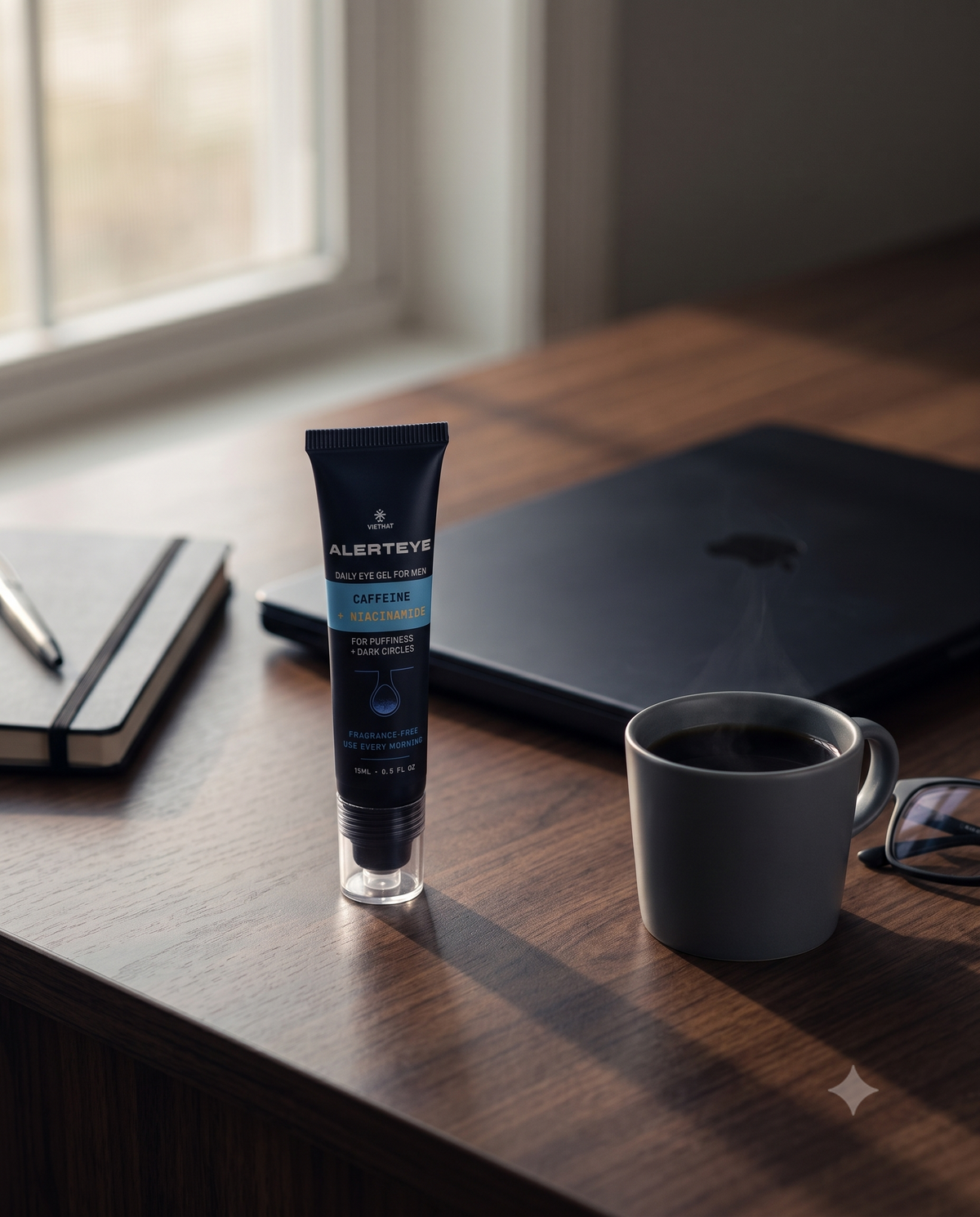 AlertEye tube on a morning desk with black coffee, laptop and glasses