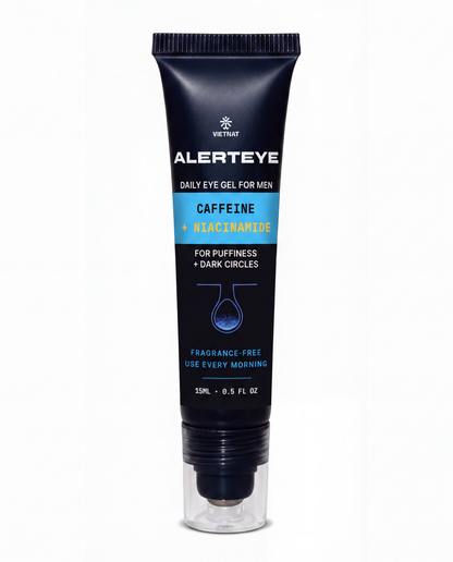 VIETNAT AlertEye Daily Eye Gel for Men, 15 ml tube with rollerball applicator, on white
