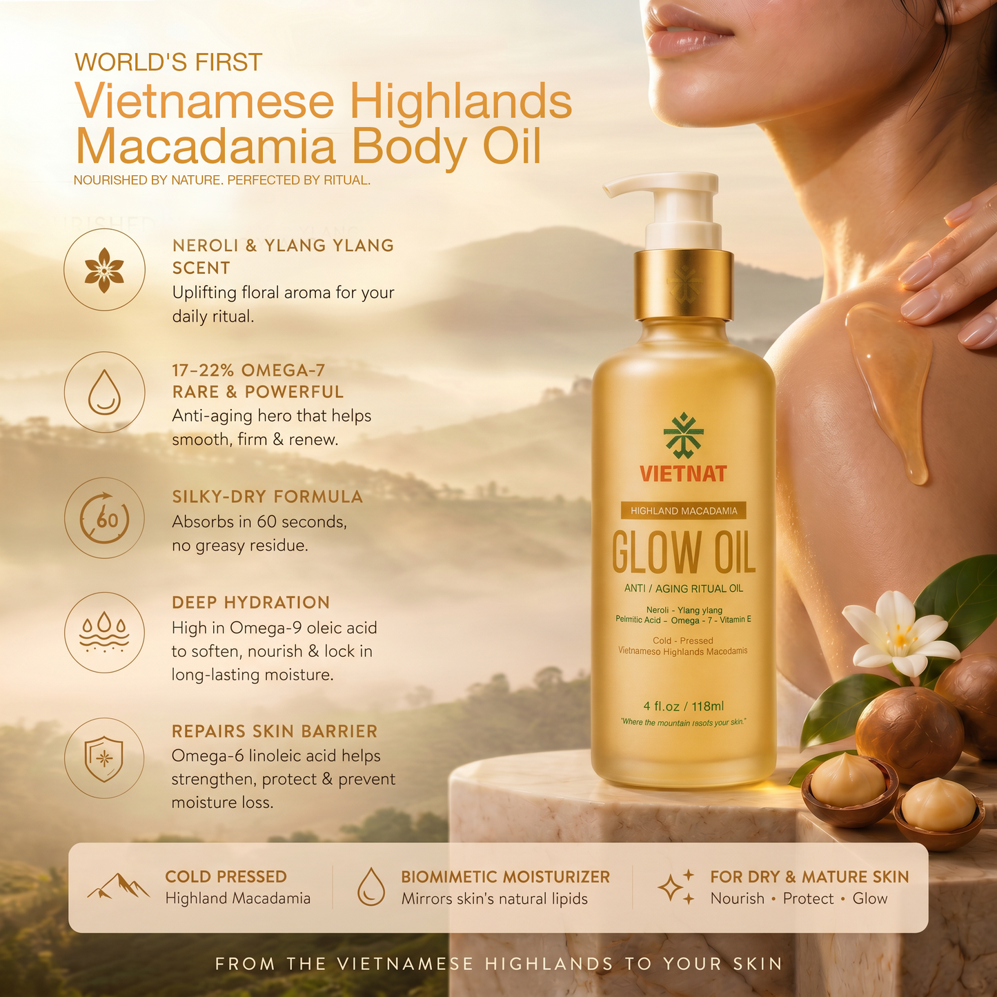 VIETNAT Vietnamese Highlands Macadamia Body Oil – Firming Anti-Aging After Shower Oil for Women – Neroli & Ylang Ylang Scent – Non-Greasy Moisturizing Glow Oil