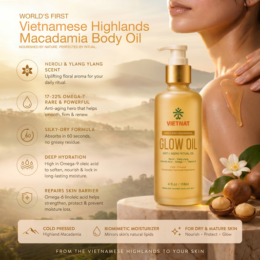 VIETNAT Vietnamese Highlands Macadamia Body Oil – Firming Anti-Aging After Shower Oil for Women – Neroli & Ylang Ylang Scent – Non-Greasy Moisturizing Glow Oil