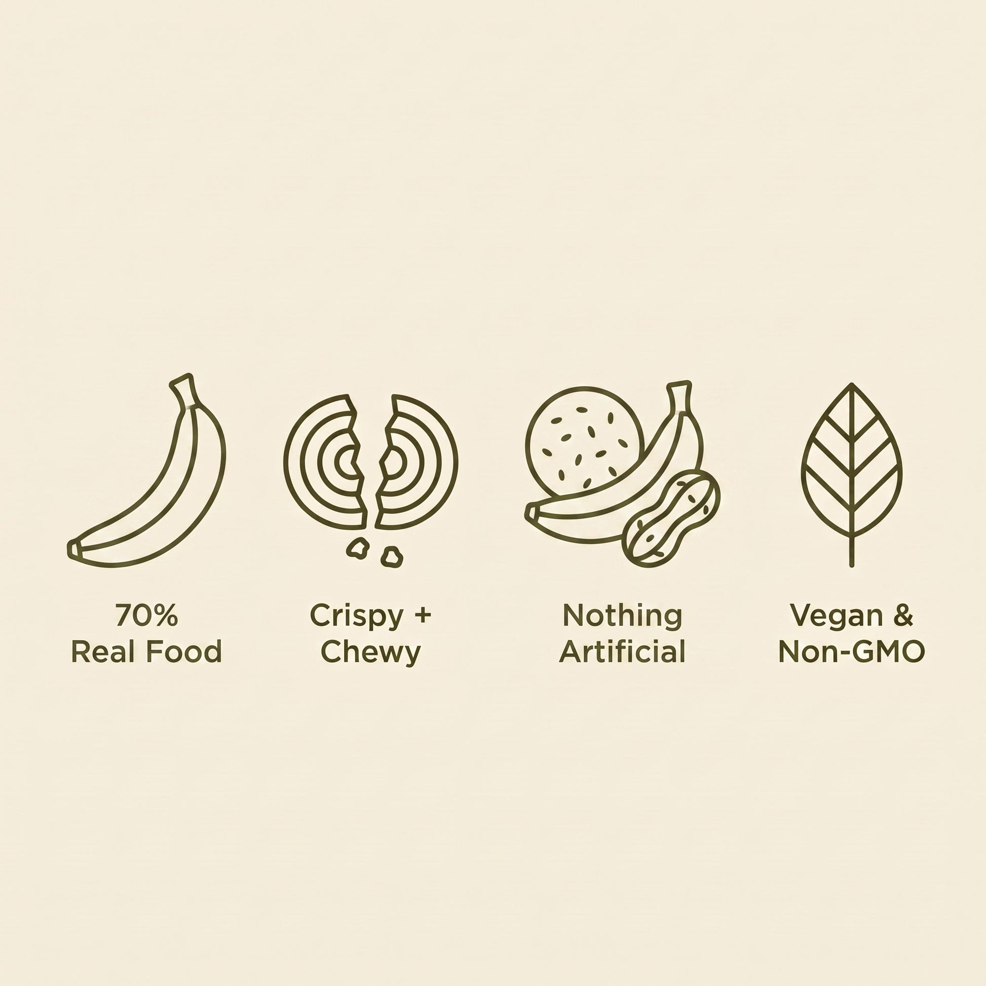 70% real food, crispy and chewy, vegan and non-GMO, contains peanuts and sesame