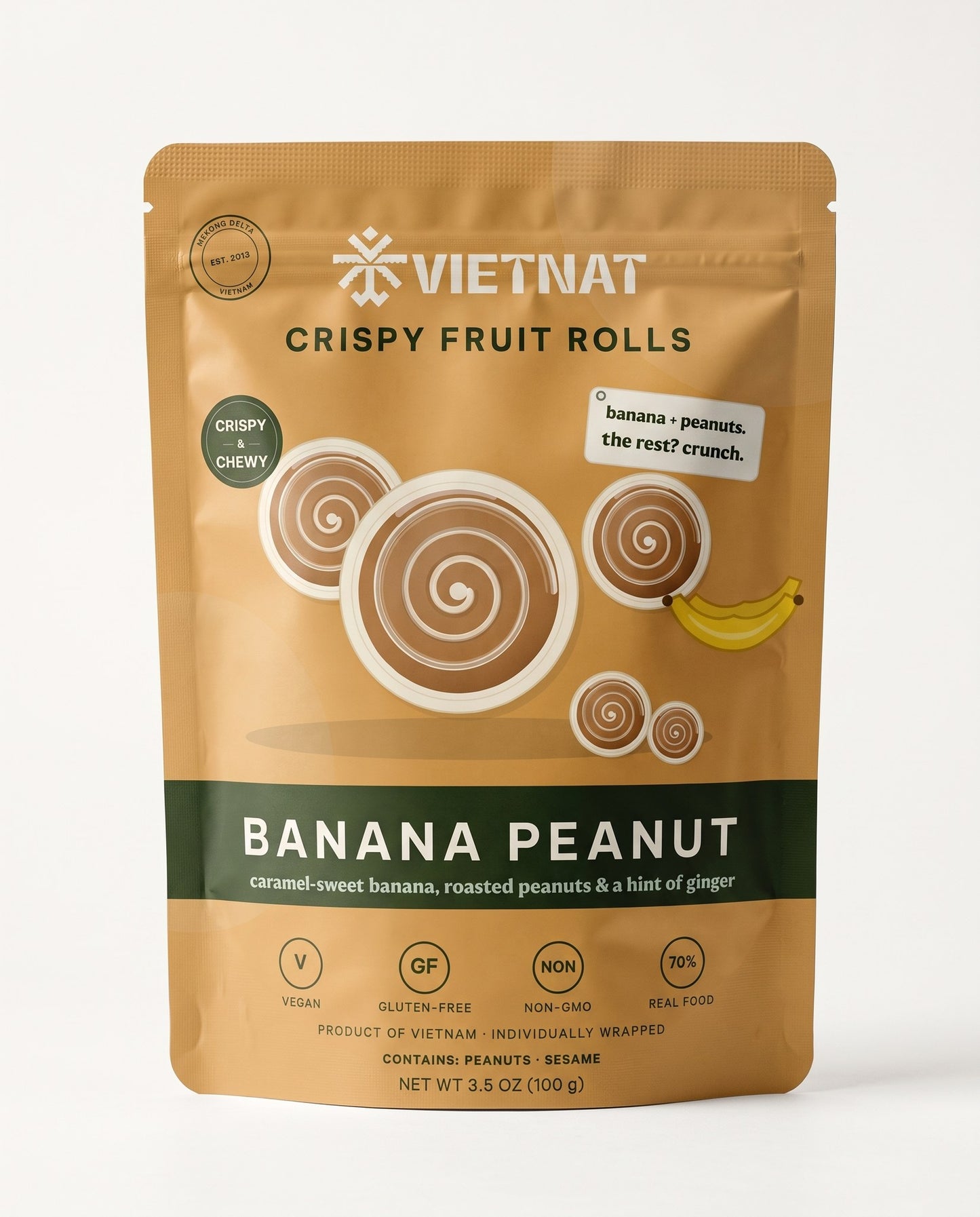 VietNat Crispy Banana Peanut Fruit Rolls 3.5 oz pouch, front