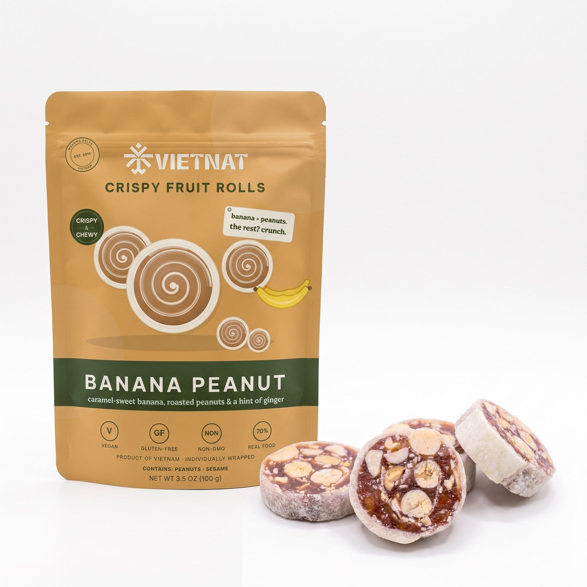 VietNat Crispy Banana Peanut Fruit Rolls pouch with bite-size rolls