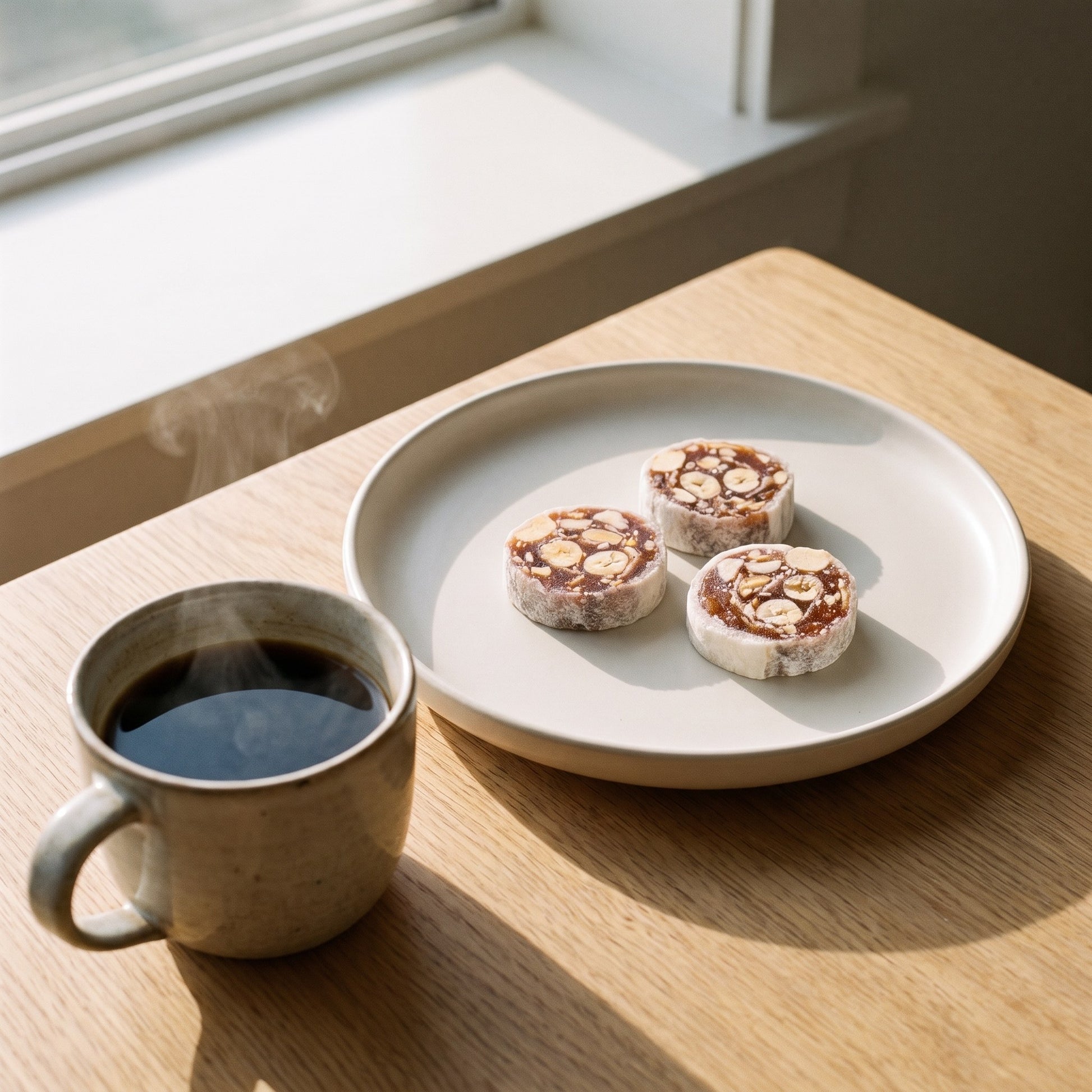 Crispy banana peanut rolls served with a cup of coffee