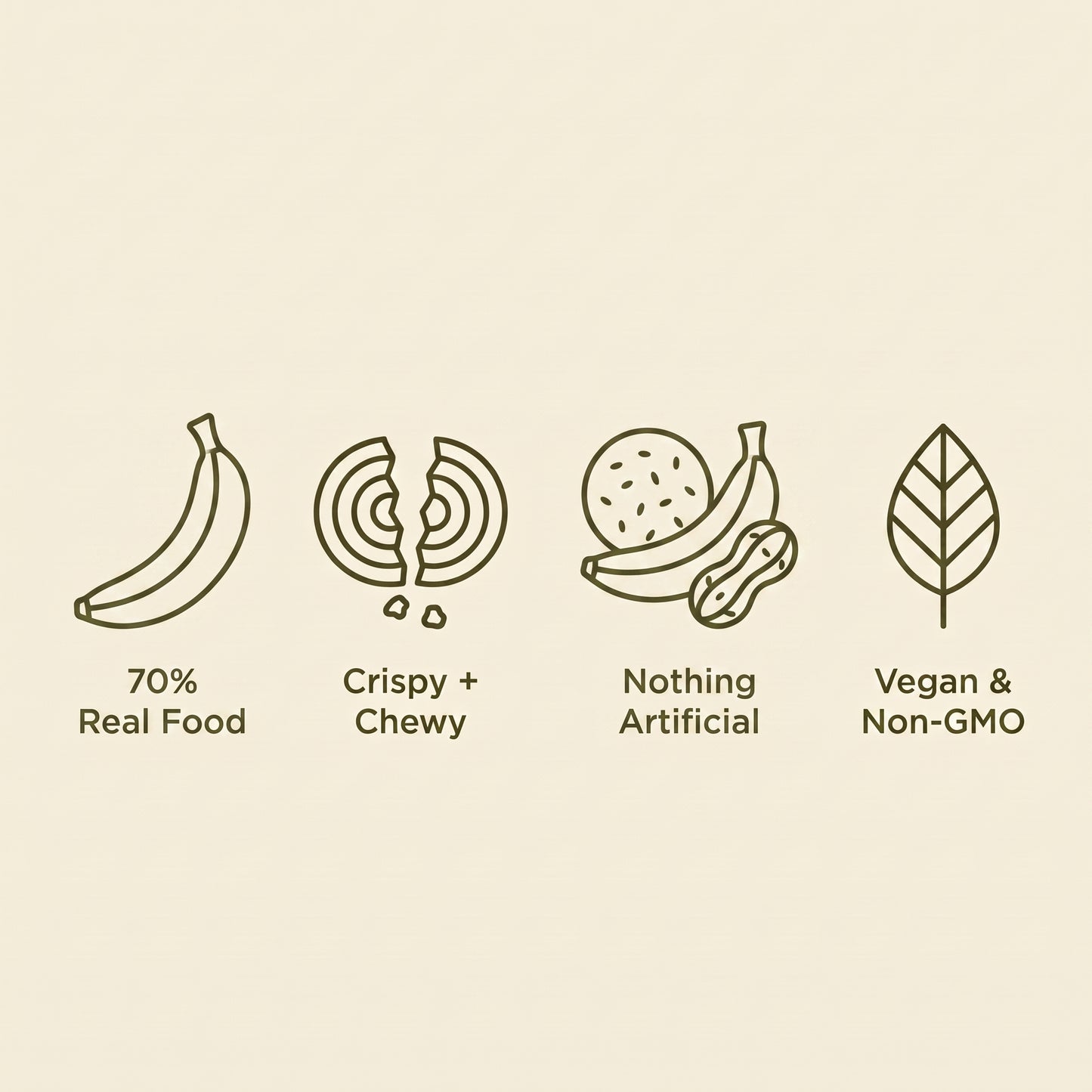 70% real food, crispy and chewy, nothing artificial, vegan and non-GMO