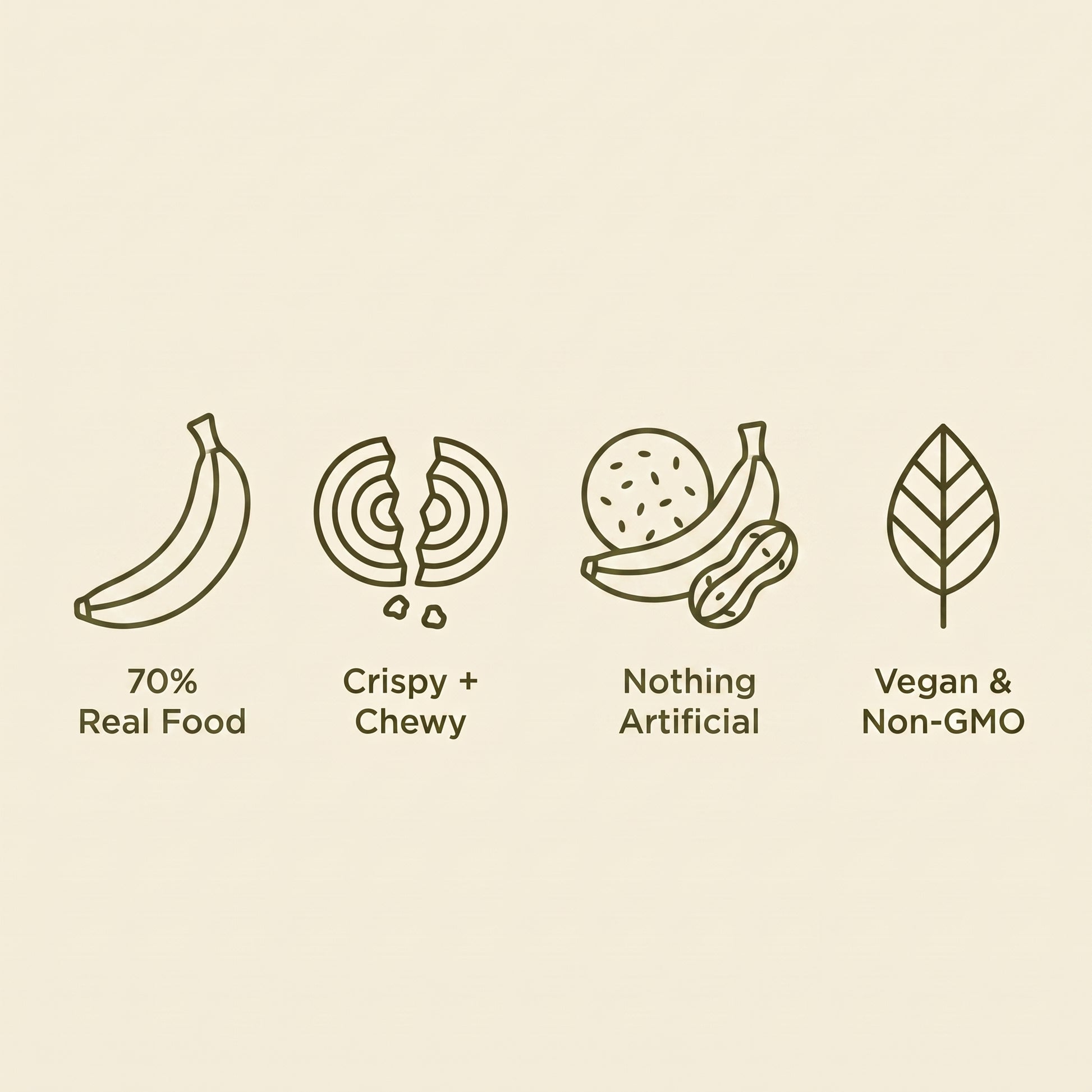 70% real food, crispy and chewy, nothing artificial, vegan and non-GMO
