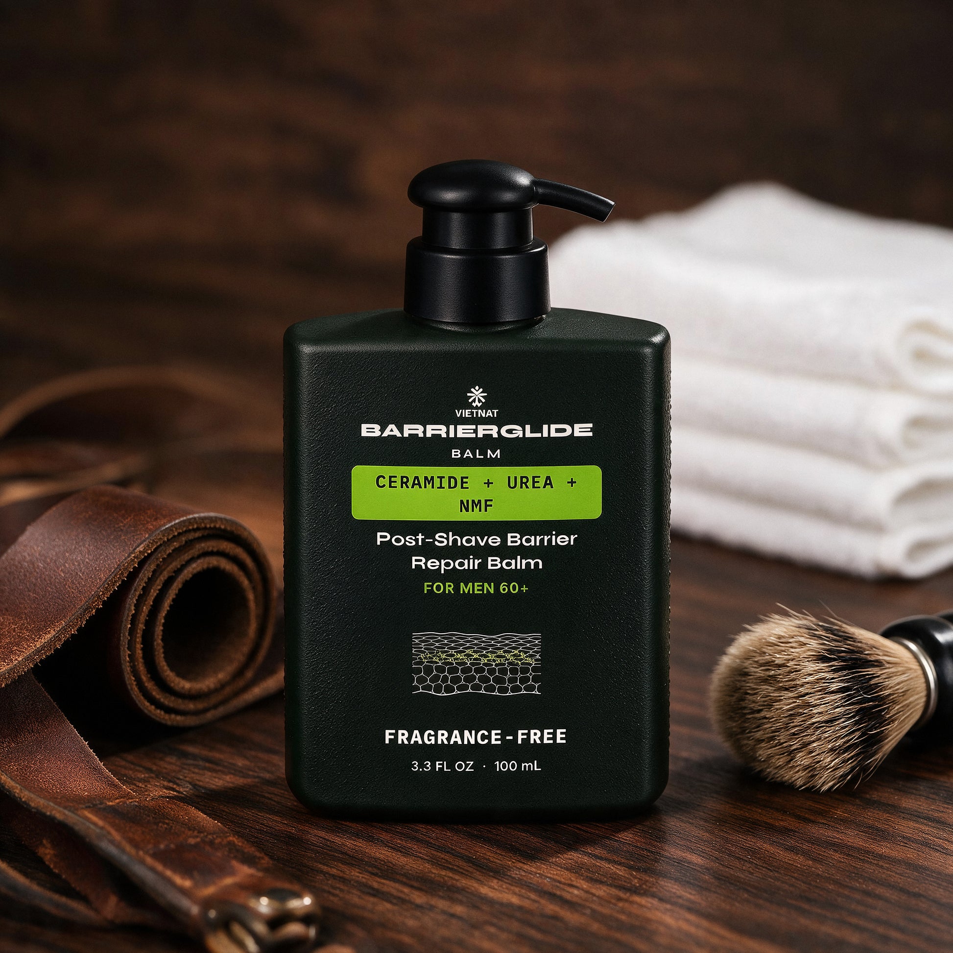 BarrierGlide bottle on a barbershop bench