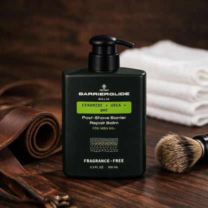 BarrierGlide bottle on a barbershop bench