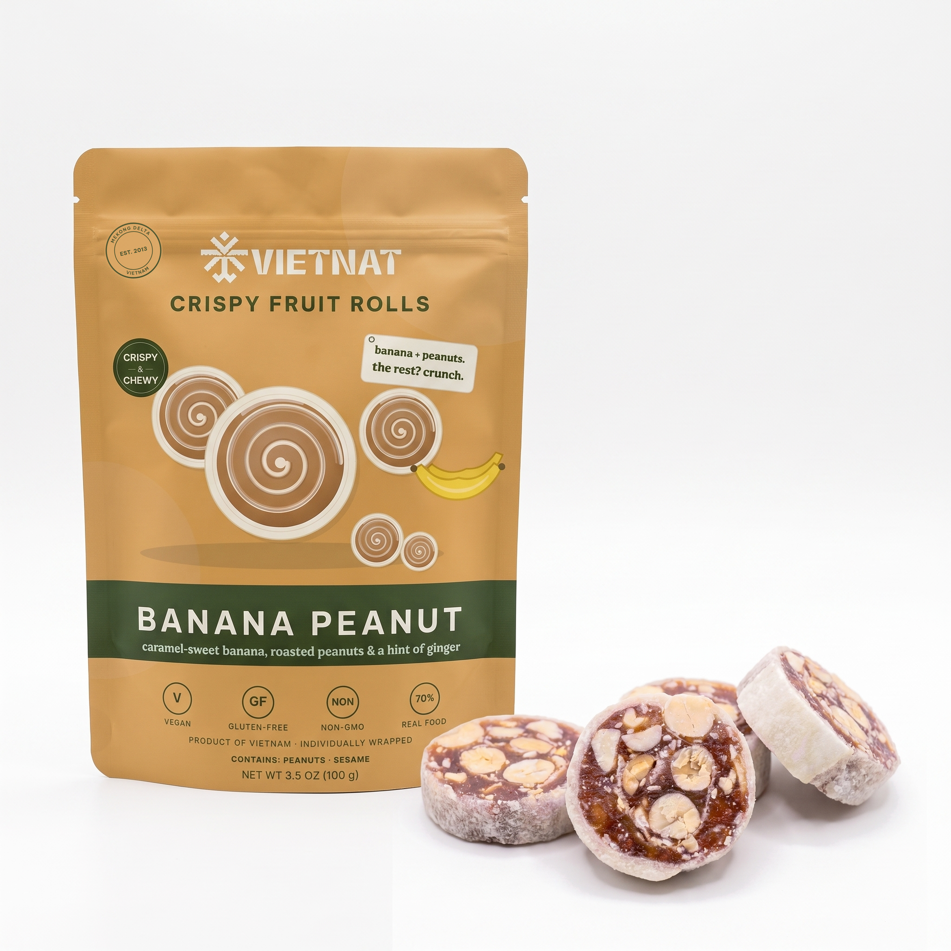VietNat Crispy Banana Peanut Rolls pouch with rolls