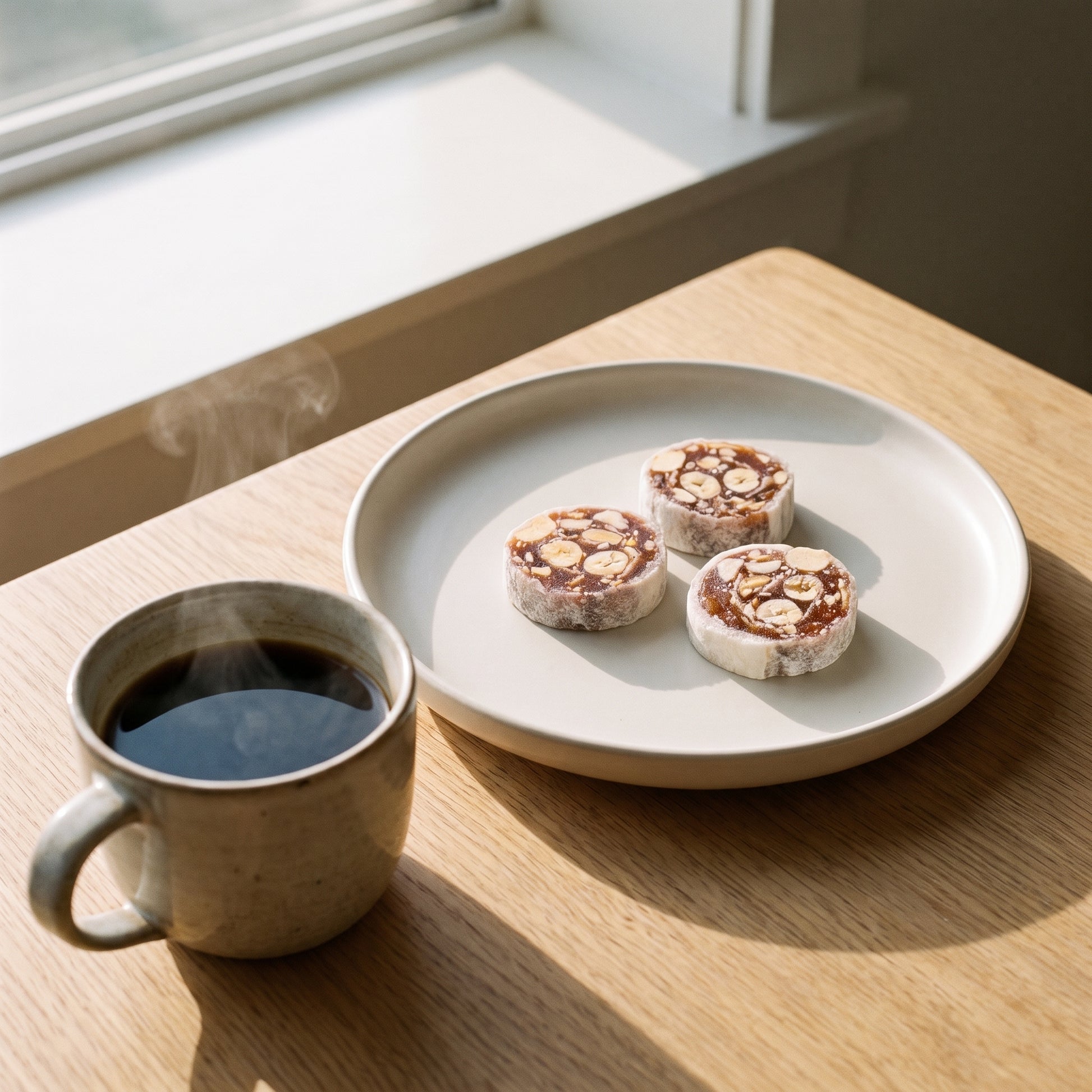 Banana peanut rolls served with tea and coffee