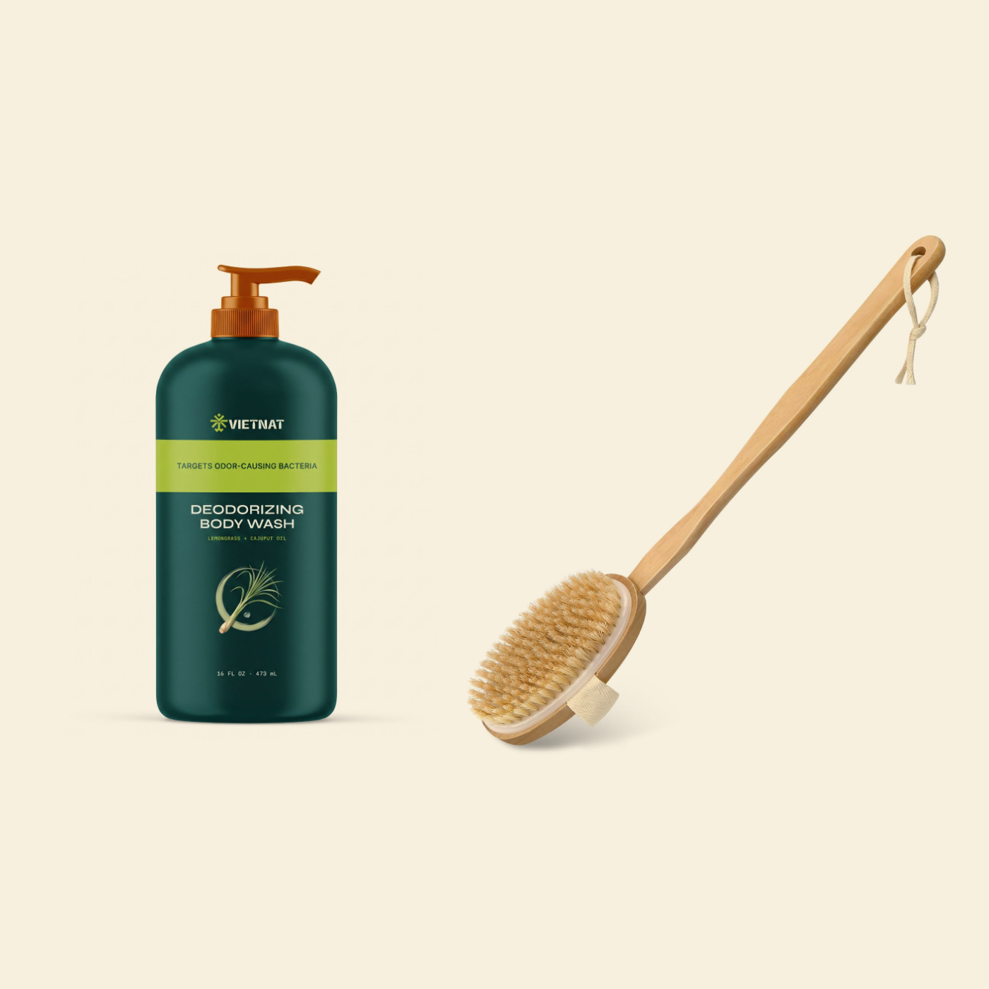 The Whole-Back Kit — the body wash bottle beside its long-handled dry brush