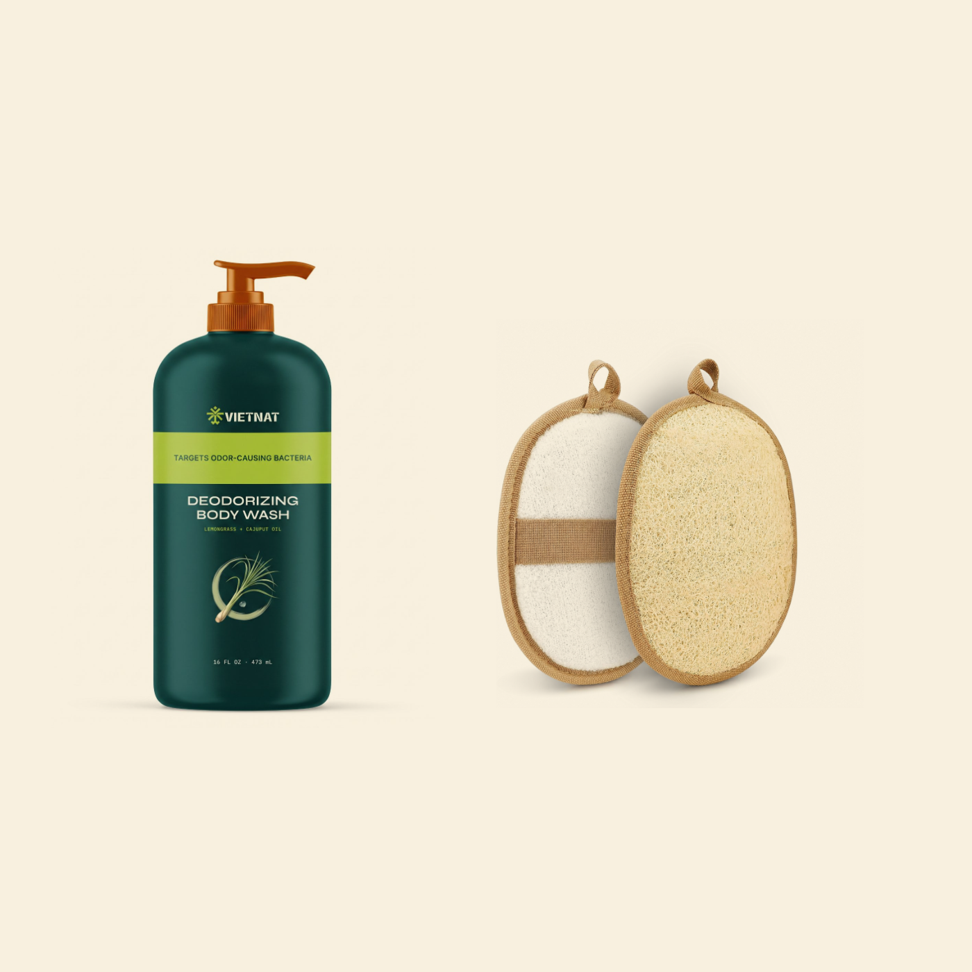 The Easy Lather Kit — the body wash bottle beside its natural loofah pad