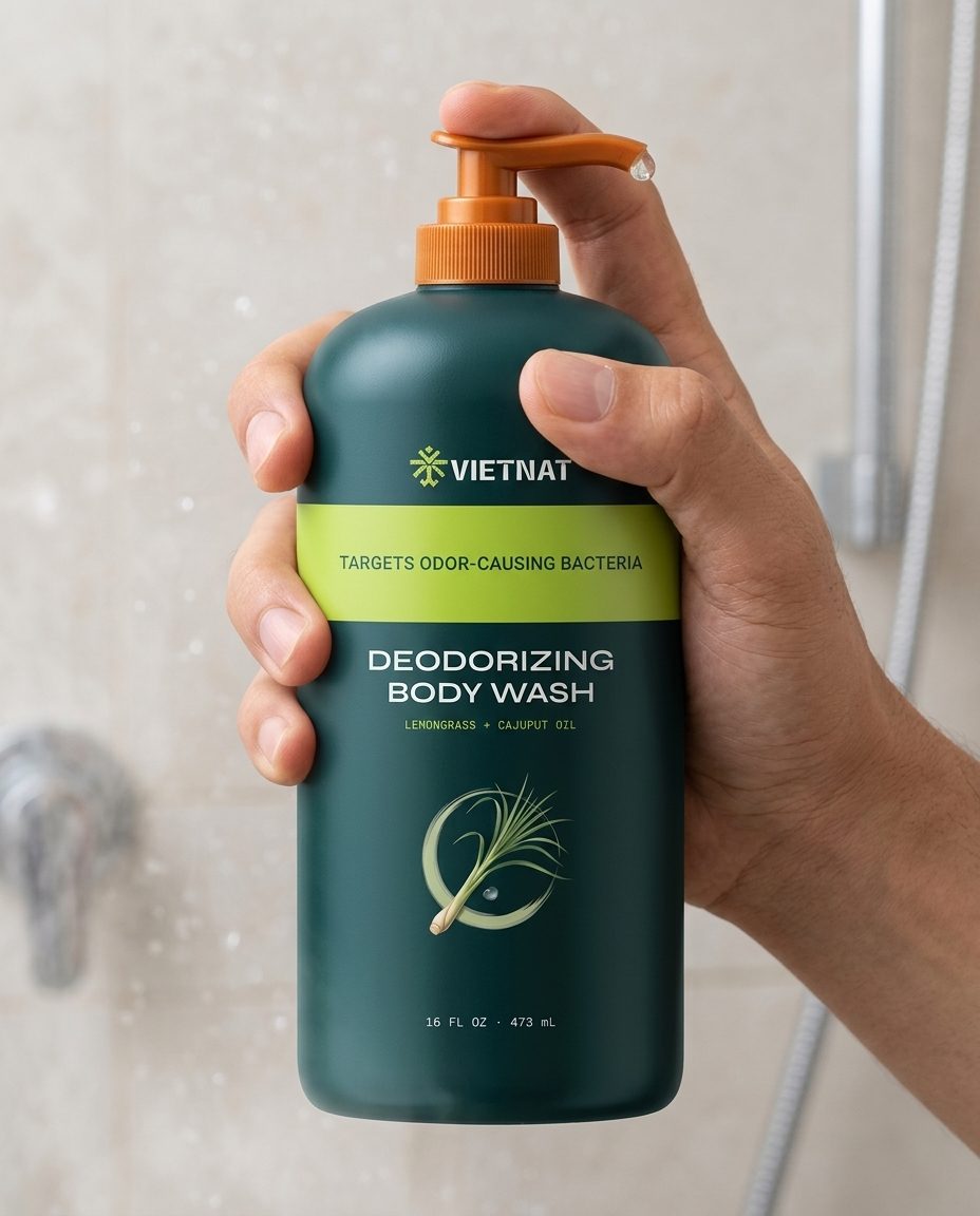 A hand holding the bottle in the shower