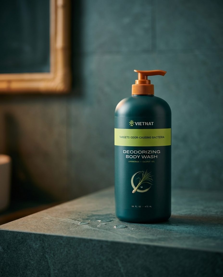 The bottle on a bathroom counter