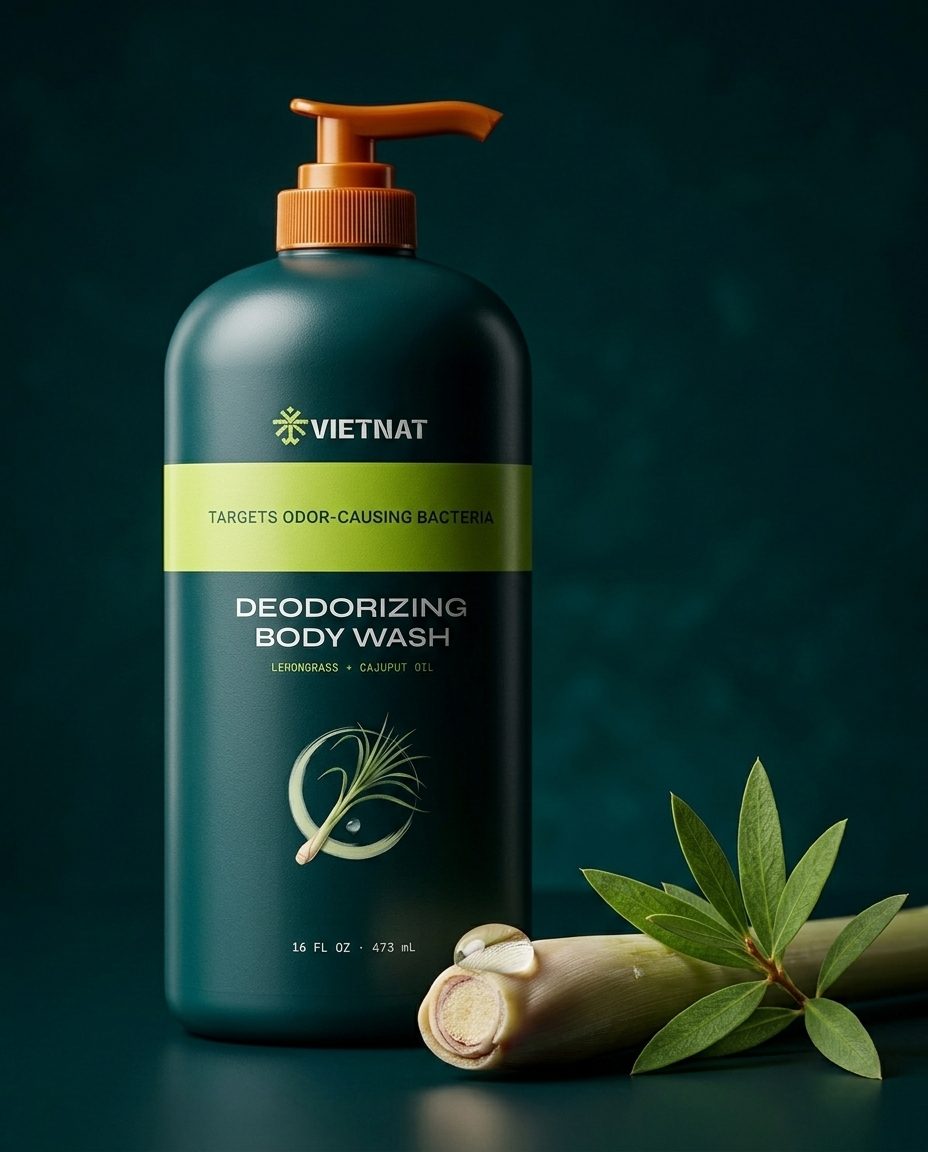 Lemongrass stalk and cajuput sprig beside the bottle