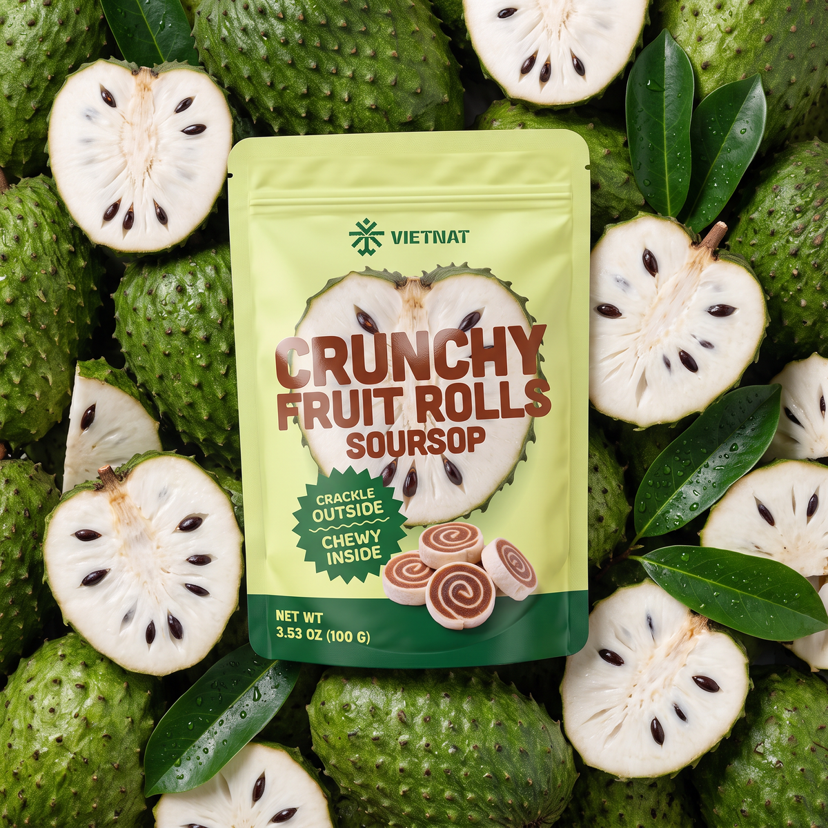 VietNat Crunchy Soursop Fruit Rolls bag among ripe soursop