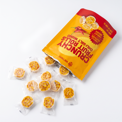 An open bag of chili-salt mango fruit rolls with individually wrapped bites