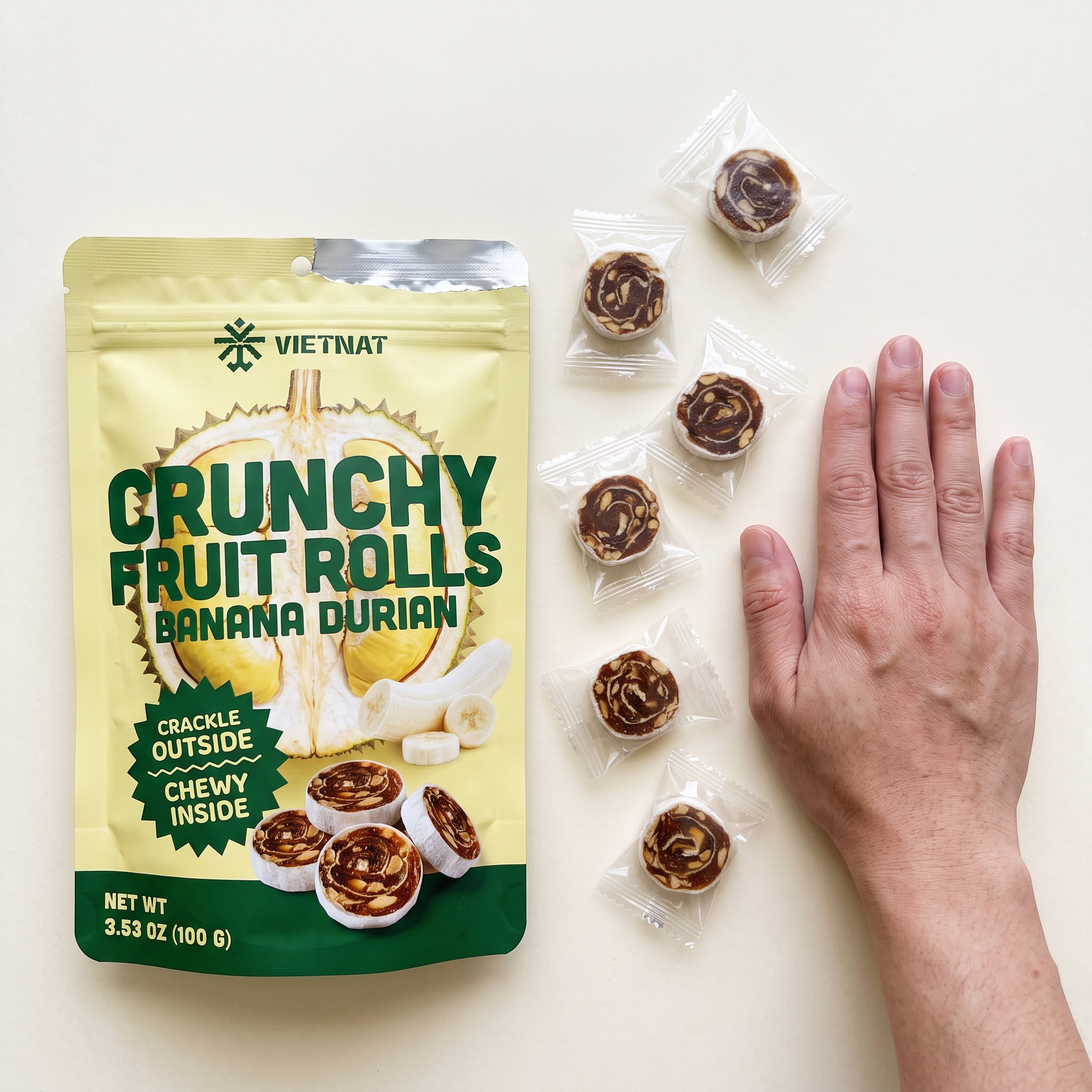 Banana durian fruit rolls next to a hand to show size, about 1¼ in across