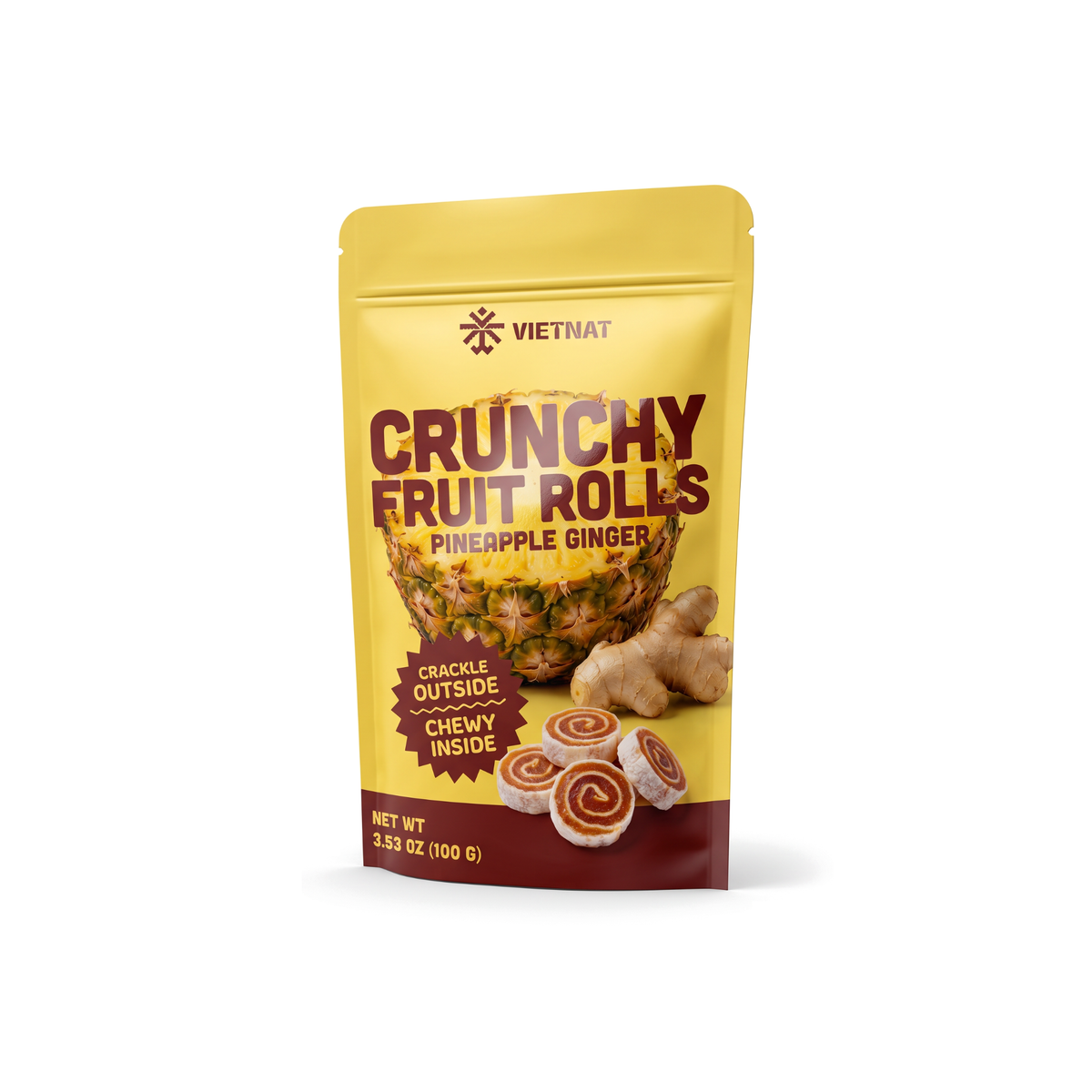 VietNat Crunchy Pineapple Ginger Fruit Rolls bag, three-quarter view