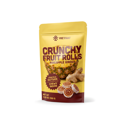 VietNat Crunchy Pineapple Ginger Fruit Rolls bag, three-quarter view