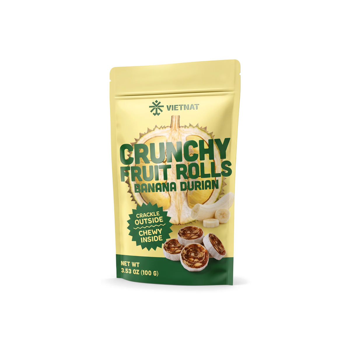 VietNat Crunchy Banana Durian Fruit Rolls bag, three-quarter view