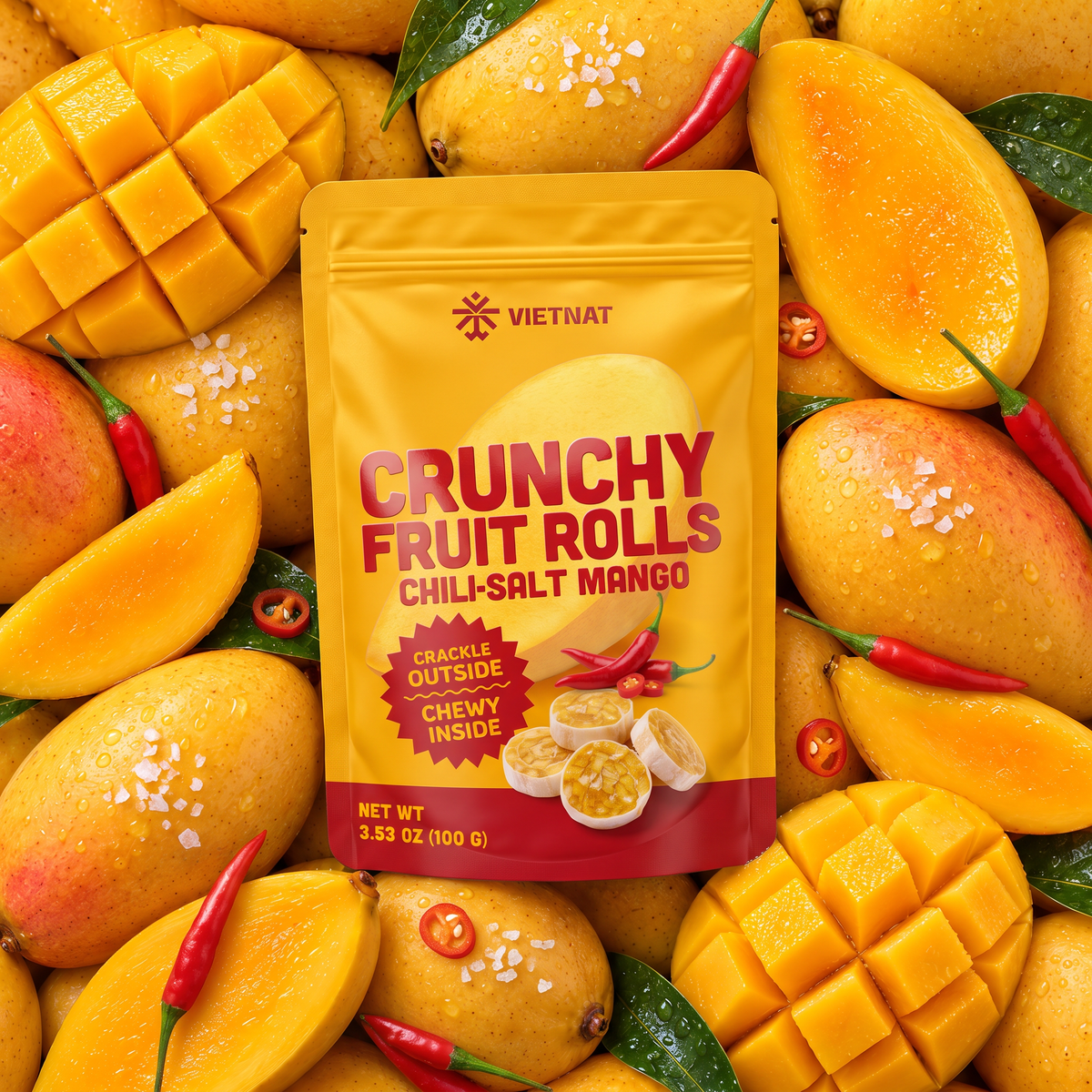 VietNat Crunchy Chili-Salt Mango Fruit Rolls bag among ripe mangoes and red chilies