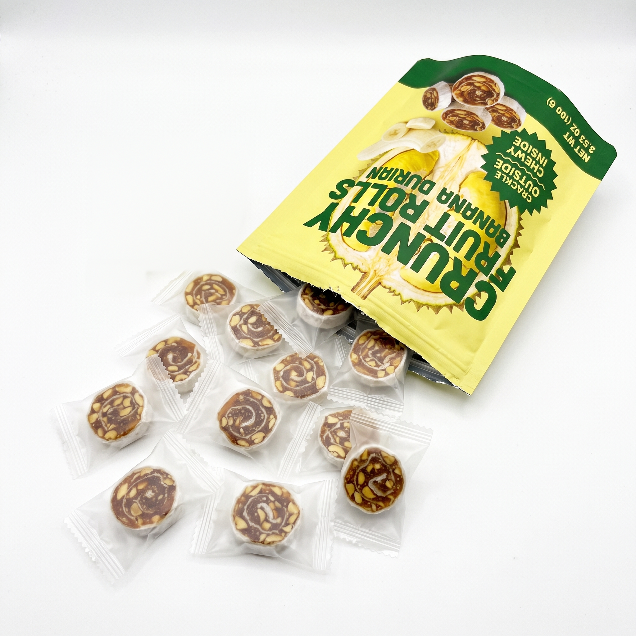 An open bag of banana durian fruit rolls with individually wrapped bites