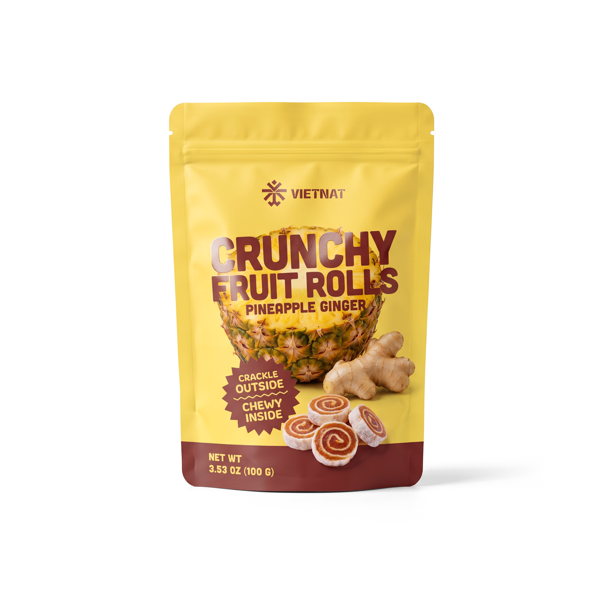 VietNat Crunchy Pineapple Ginger Fruit Rolls, 3.5 oz bag, front