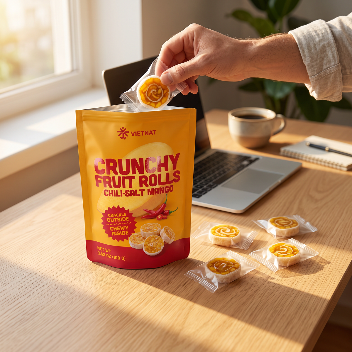 An adult at a desk taking a wrapped bite from a bag of VietNat chili-salt mango fruit rolls