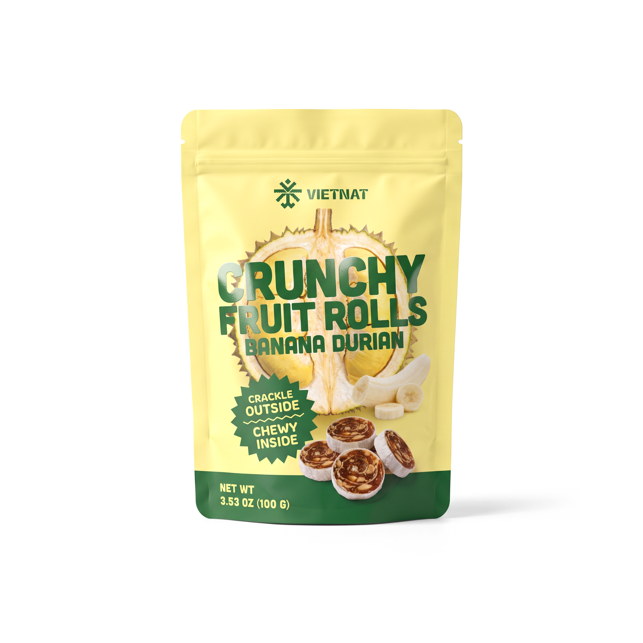 VietNat Crunchy Banana Durian Fruit Rolls, 3.5 oz bag, front