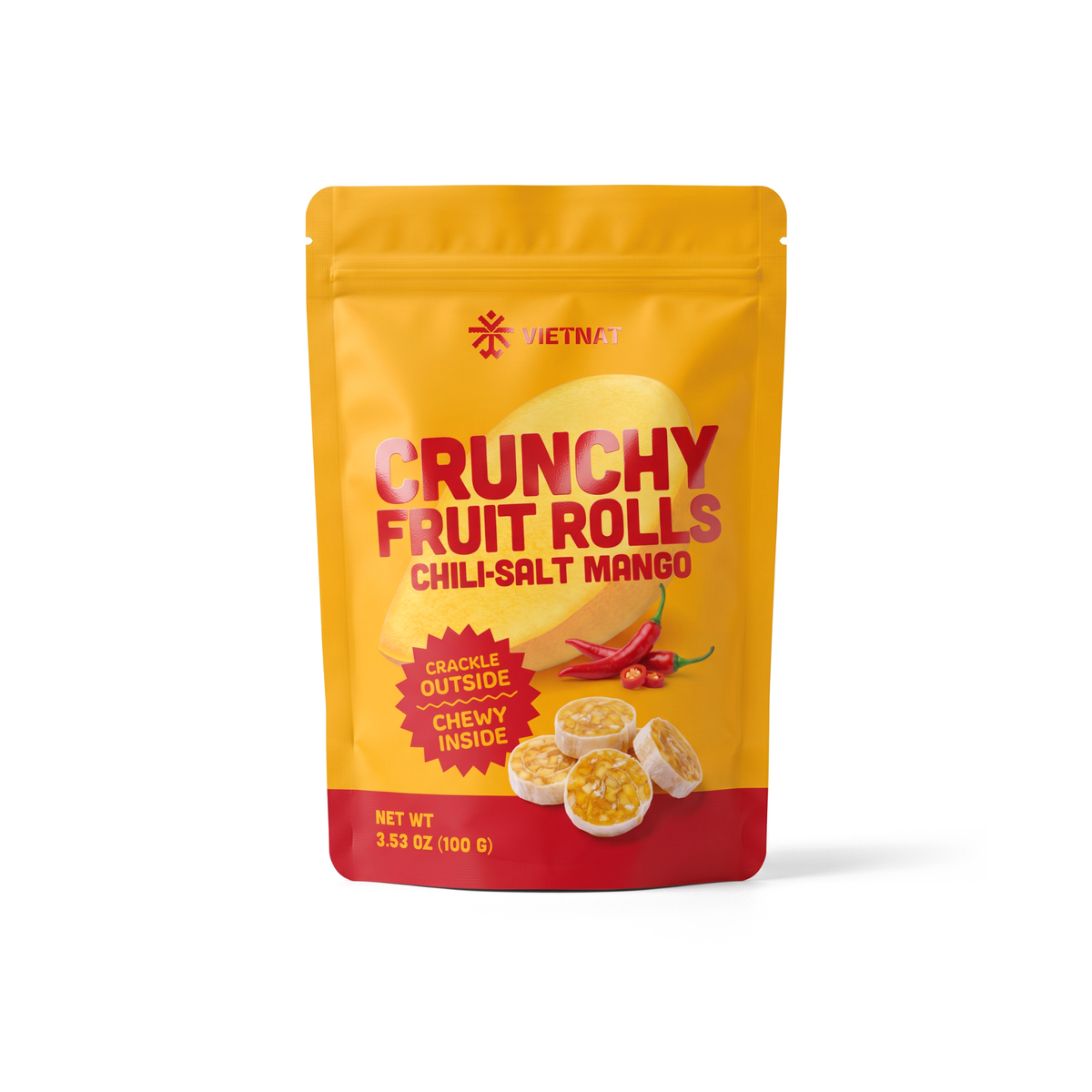 VietNat Crunchy Chili-Salt Mango Fruit Rolls, 3.5 oz bag, front