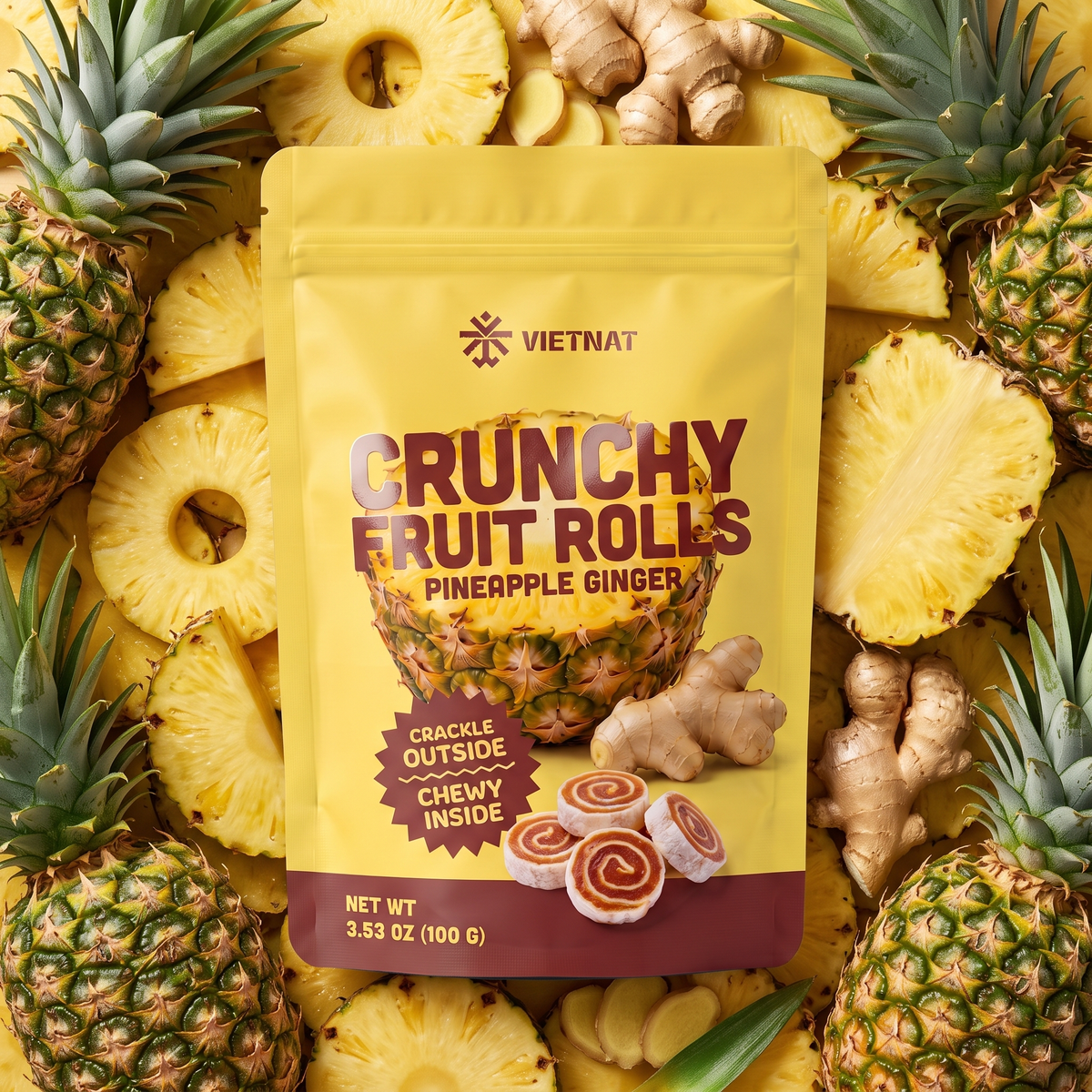 VietNat Crunchy Pineapple Ginger Fruit Rolls bag among ripe pineapple and fresh ginger