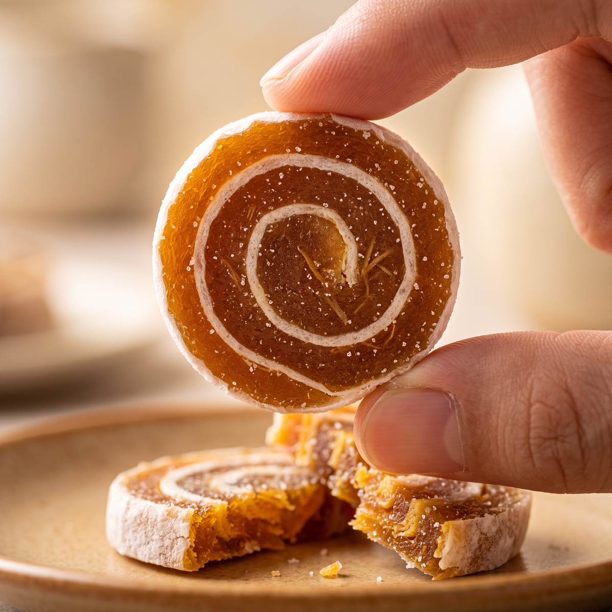 A pineapple ginger fruit roll held between two fingers, a cut piece on a plate