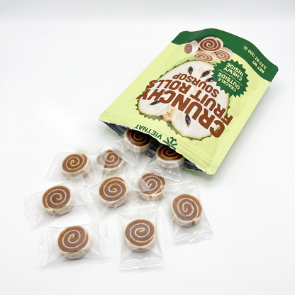 An open bag of soursop fruit rolls with individually wrapped bites