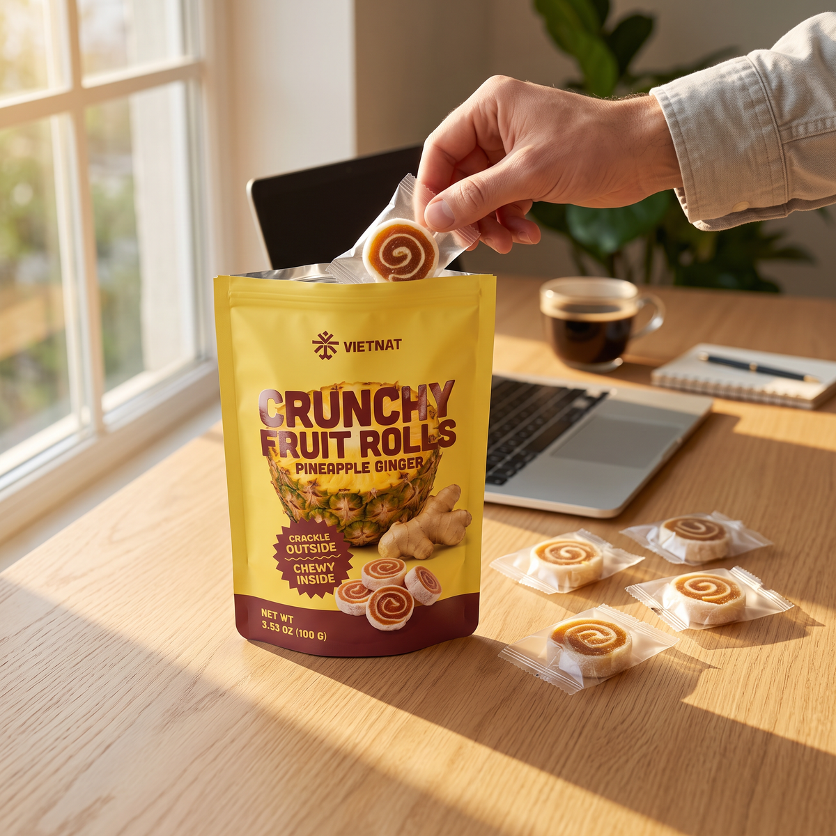 An adult at a desk taking a wrapped bite from a bag of VietNat pineapple ginger fruit rolls