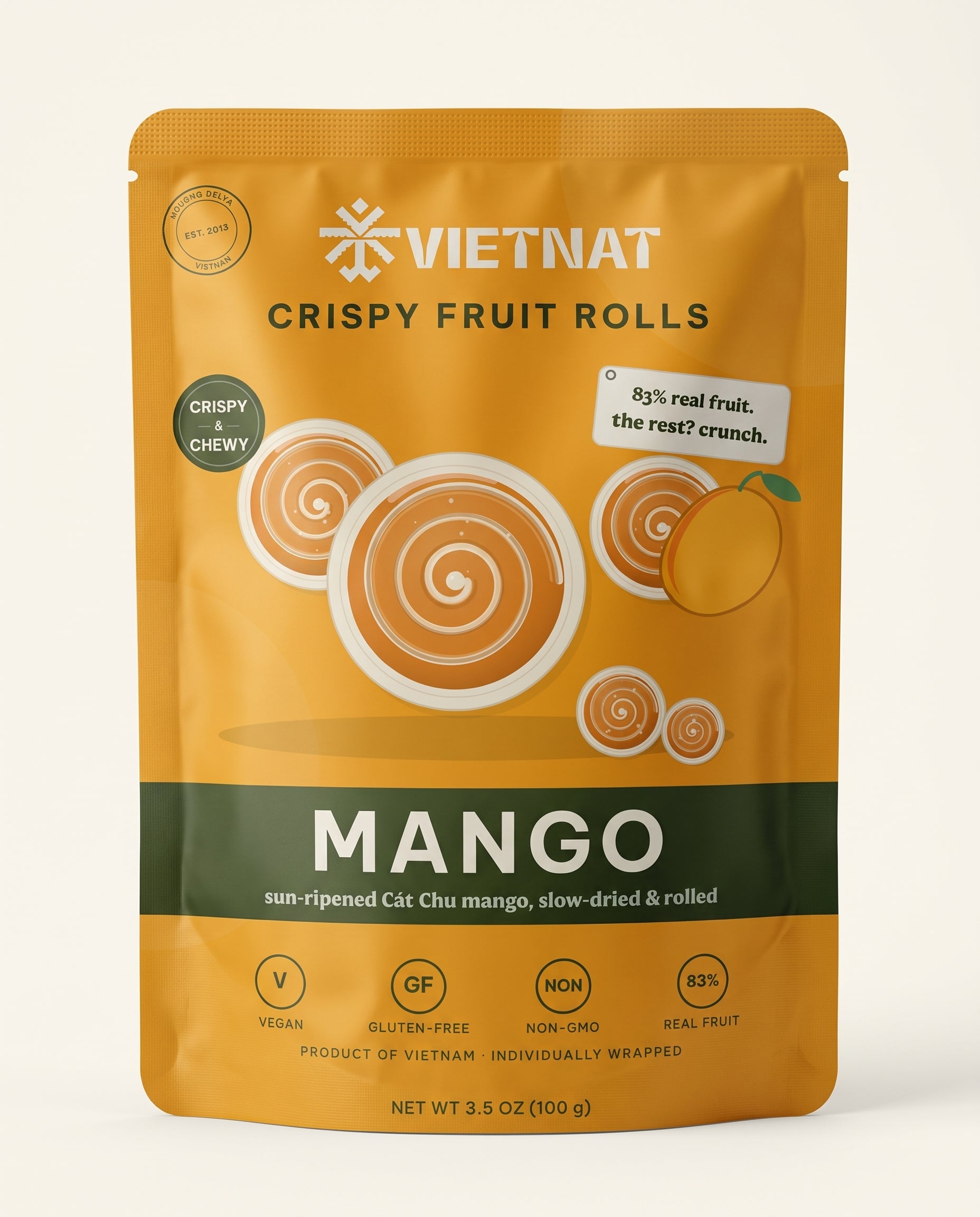 VietNat Crispy Mango Fruit Rolls 3.5 oz pouch, front