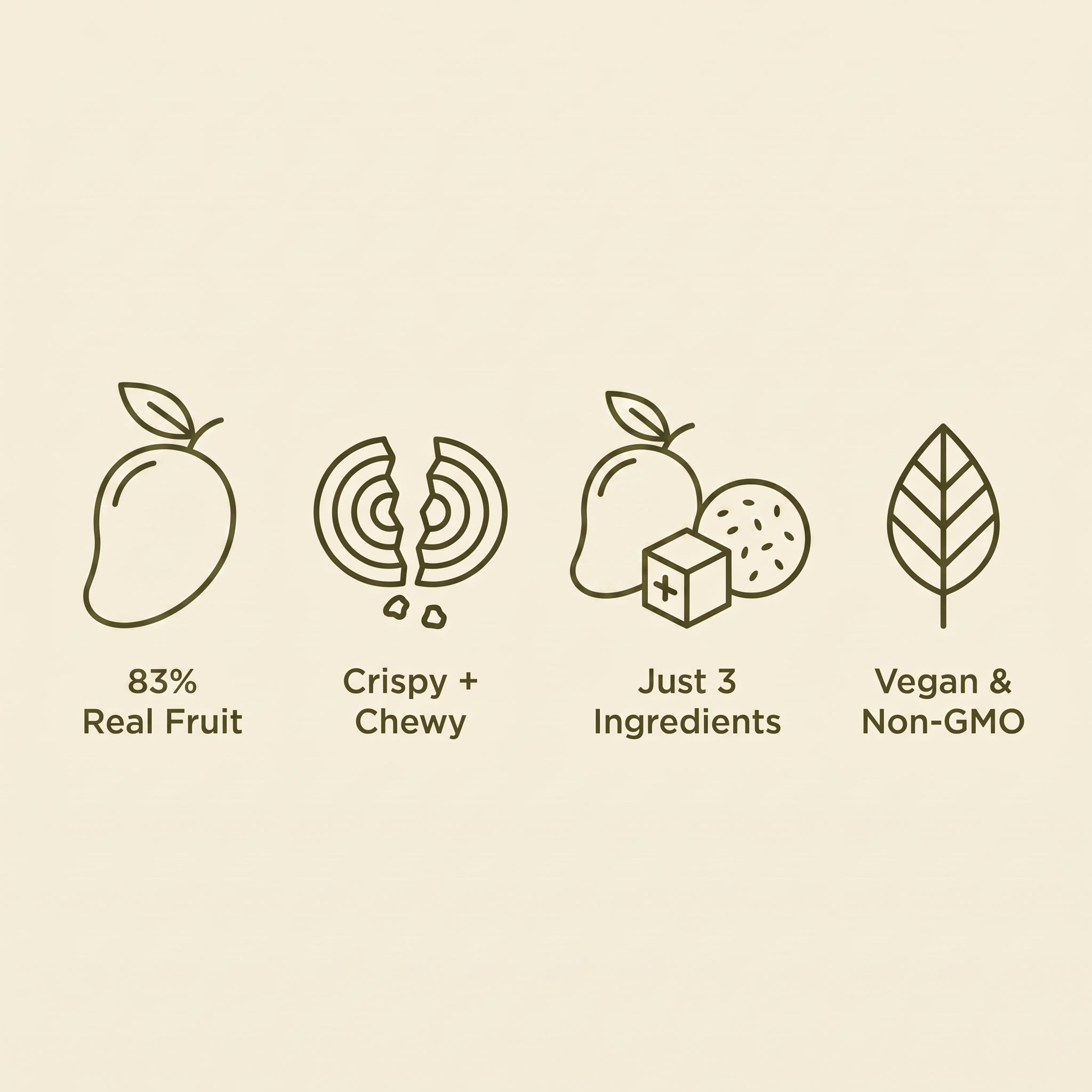 83% real fruit, crispy and chewy, just 3 ingredients, vegan and non-GMO
