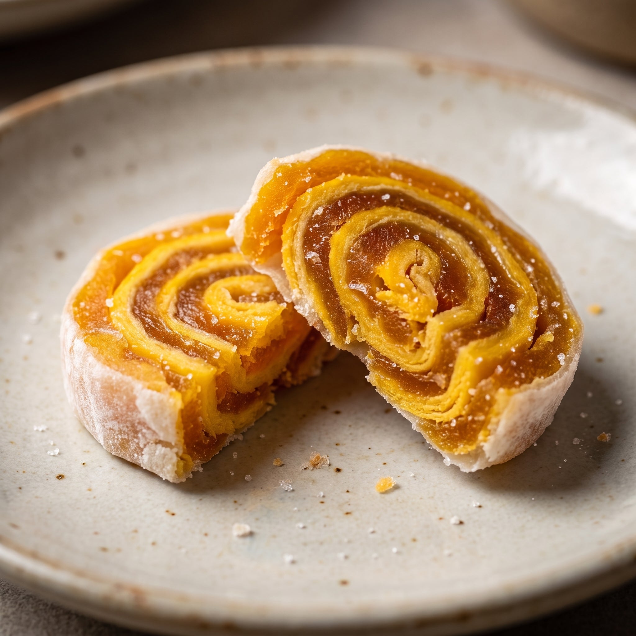 Close-up of a crispy mango fruit roll broken in half showing the spiral