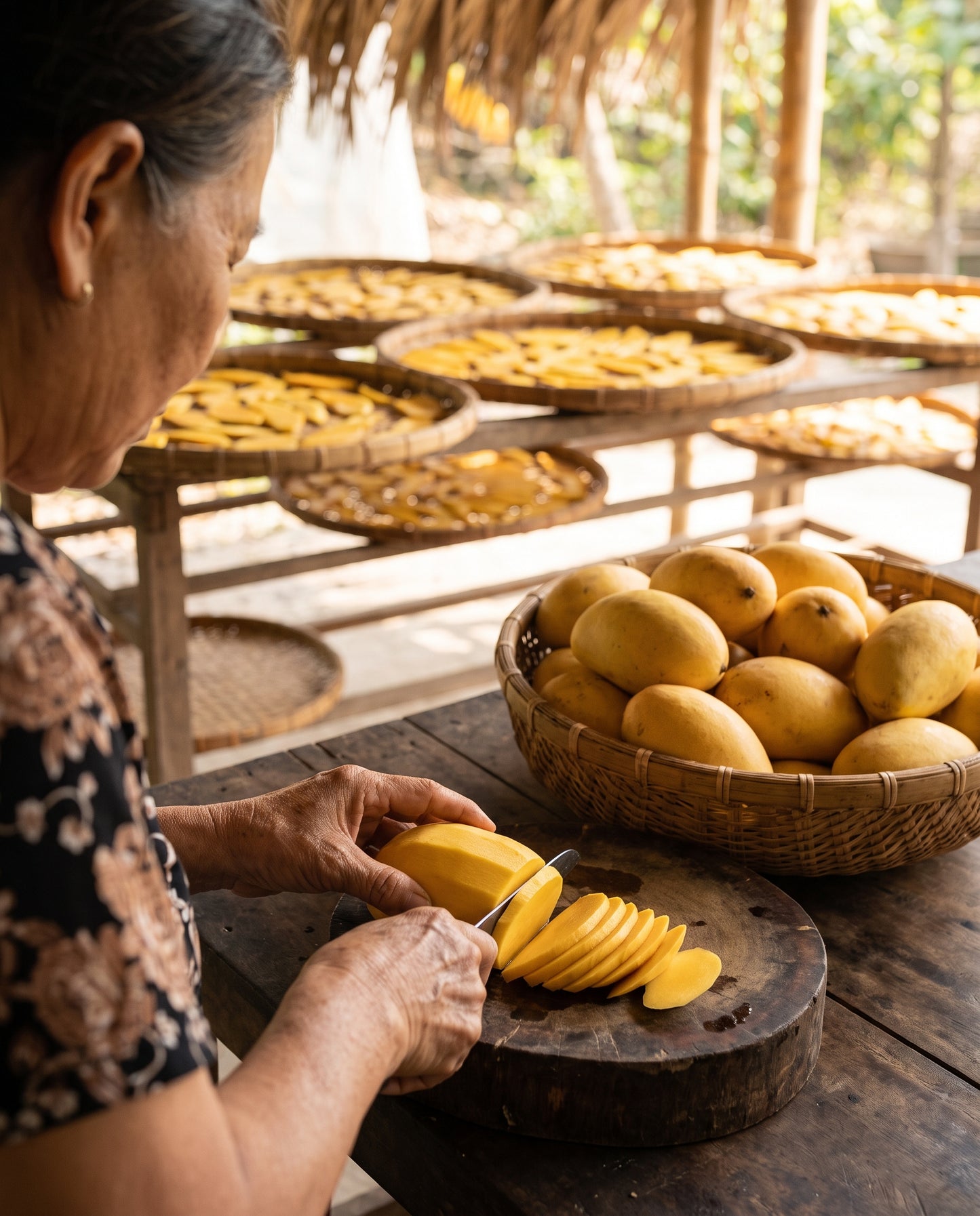 Slicing ripe Cát Chu mango beside bamboo trays of drying mango in the Mekong Delta
